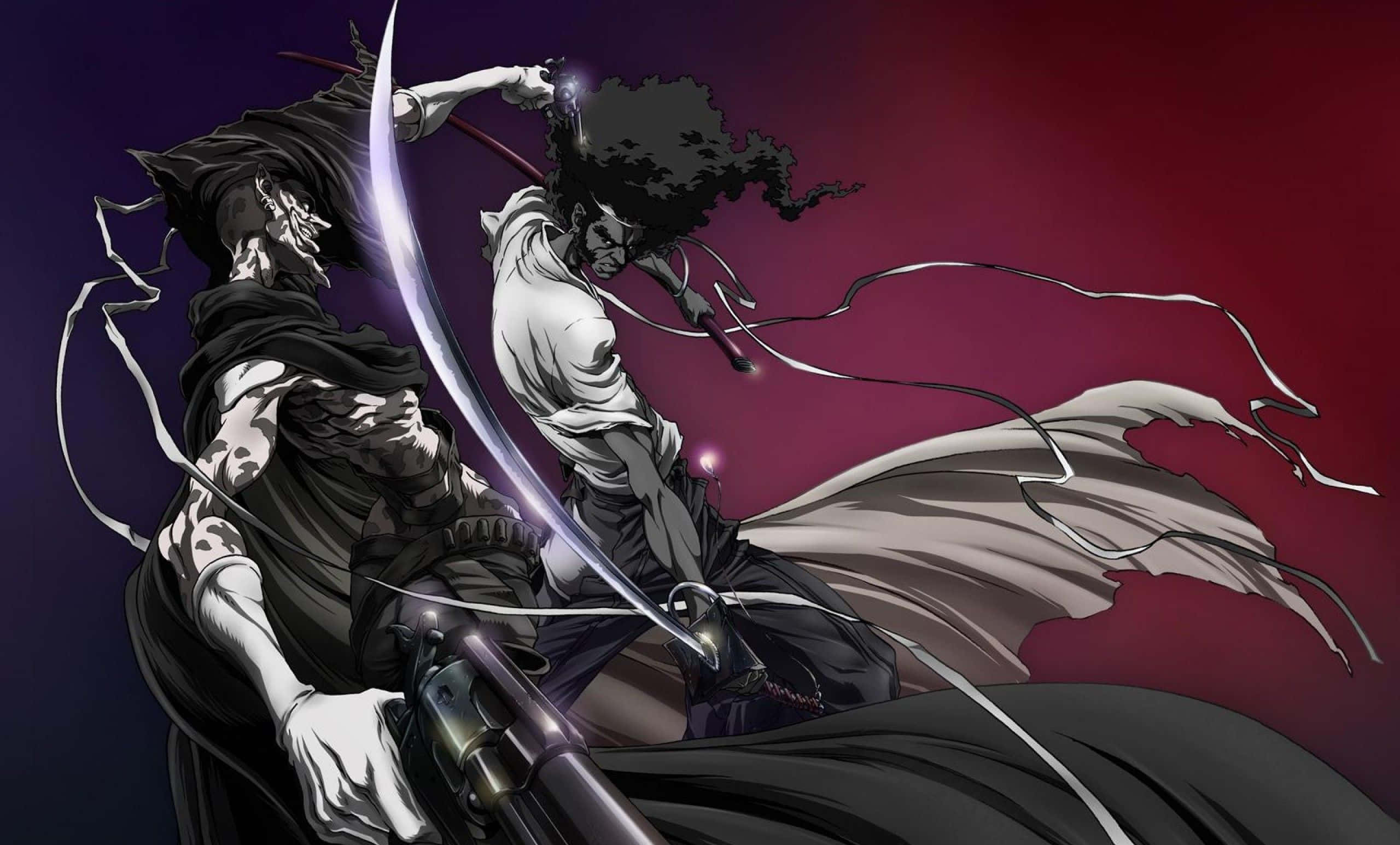 Afro Samurai 桌布 壁紙 — 兩位動漫戰士在深紅和紫色漸變背景上，揮舞刀劍、披風飄揚，展開一場激烈的戰鬥。