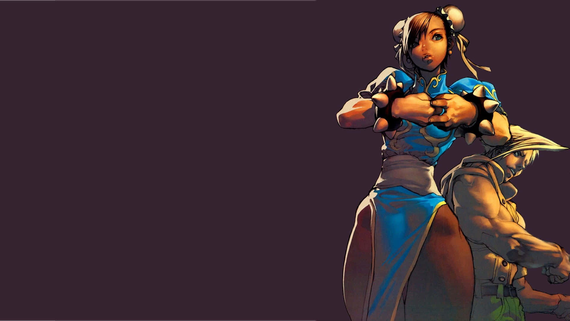 Street Fighter Characters 桌布 壁紙 — 兩位動漫戰士在深紫色背景前擺出戰鬥姿勢，配以戲劇性燈光。