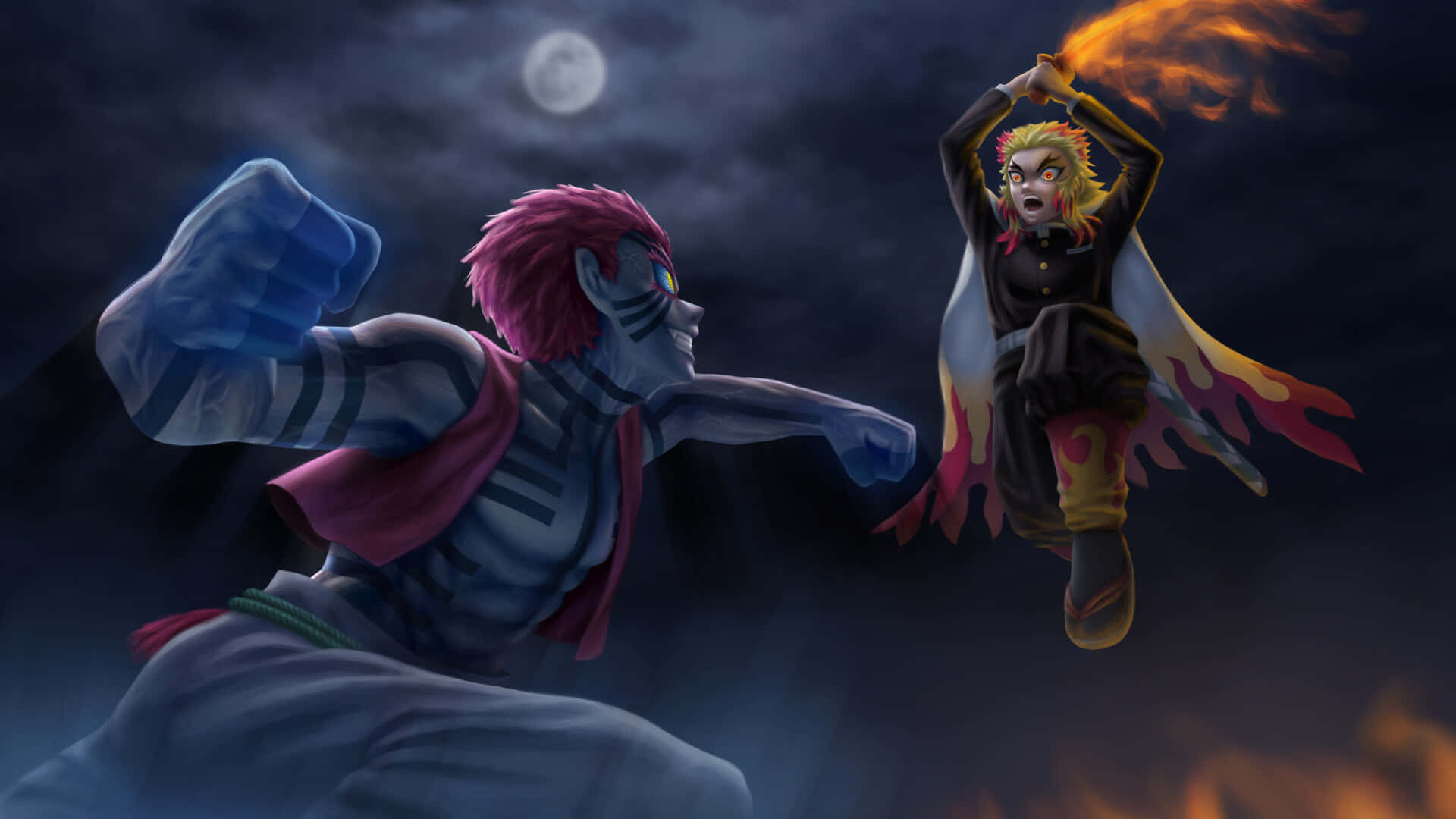 Rengoku Vs Akaza 桌布 壁紙 — 兩位動漫戰士在滿月下交鋒，一位帶有藍色光環和粉紅色頭髮，另一位帶有火熱的橙色光環和黃色頭髮。