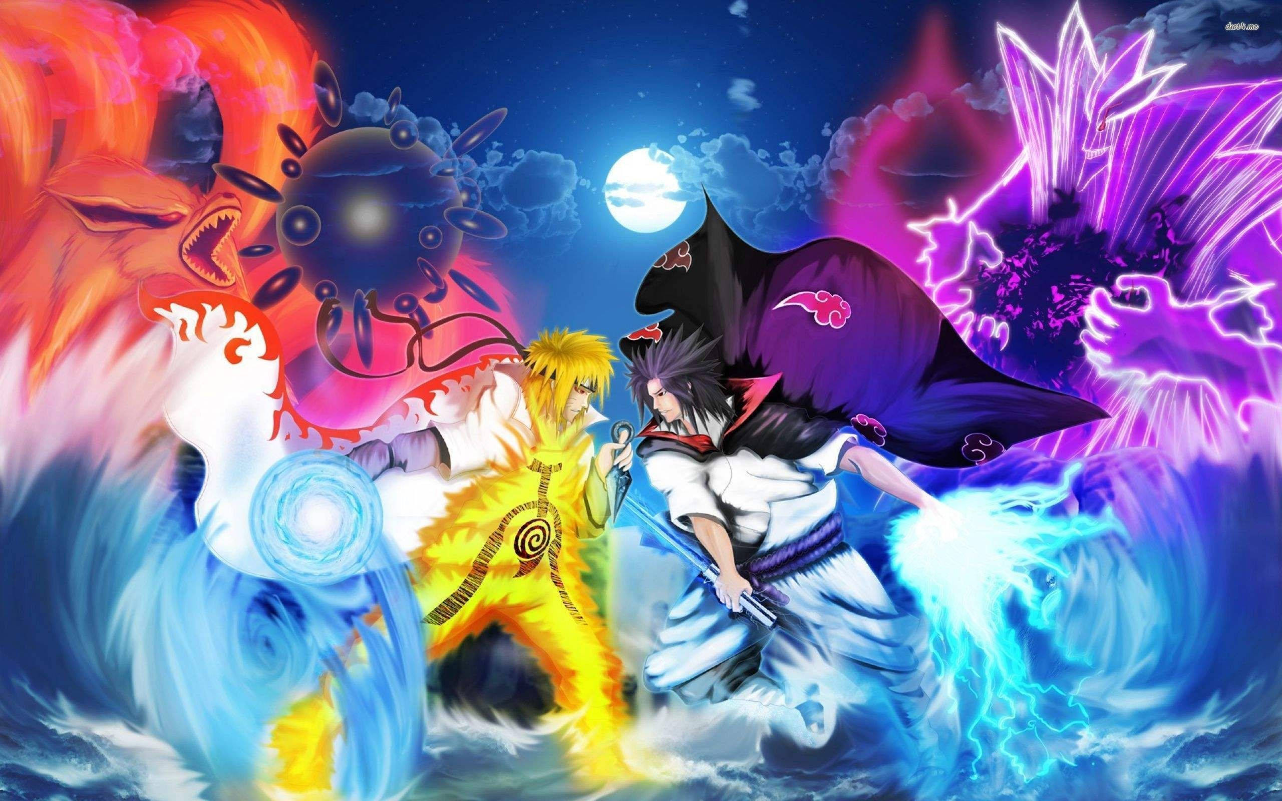 Sad Naruto 桌布 壁紙 — 兩位動漫戰士在滿月下交鋒，被旋轉的元素查克拉野獸包圍，呈現鮮豔的霓虹色彩。