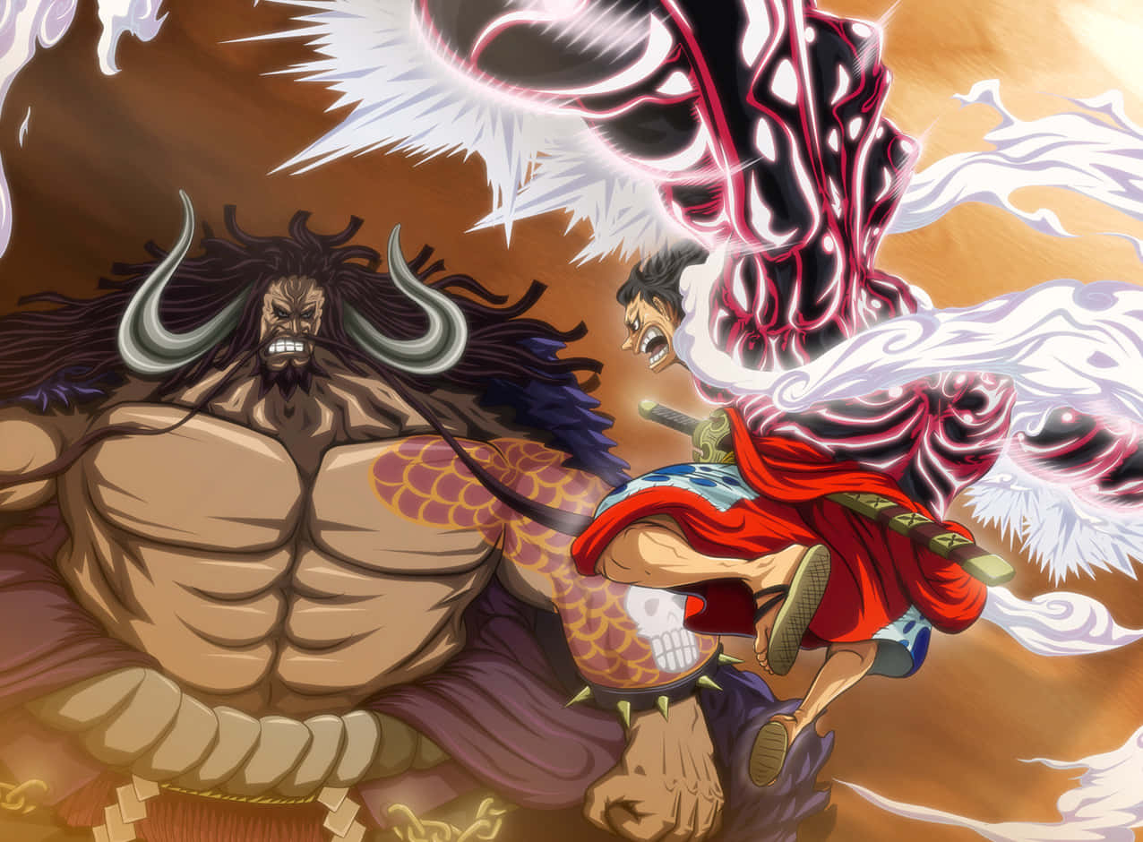 kaido 桌布 壁紙 — 兩位動漫戰士在激烈的戰鬥中碰撞，散發著發光的能量翅膀和強烈的表情。