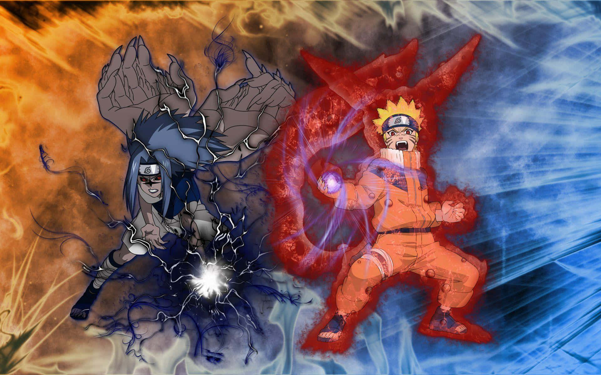 Sasuke Uchiha Cursed Mark 桌布 壁紙 — 兩位動漫戰士在火橙色和冰藍色的戰場上碰撞，他們之間有噼啪作響的能量。