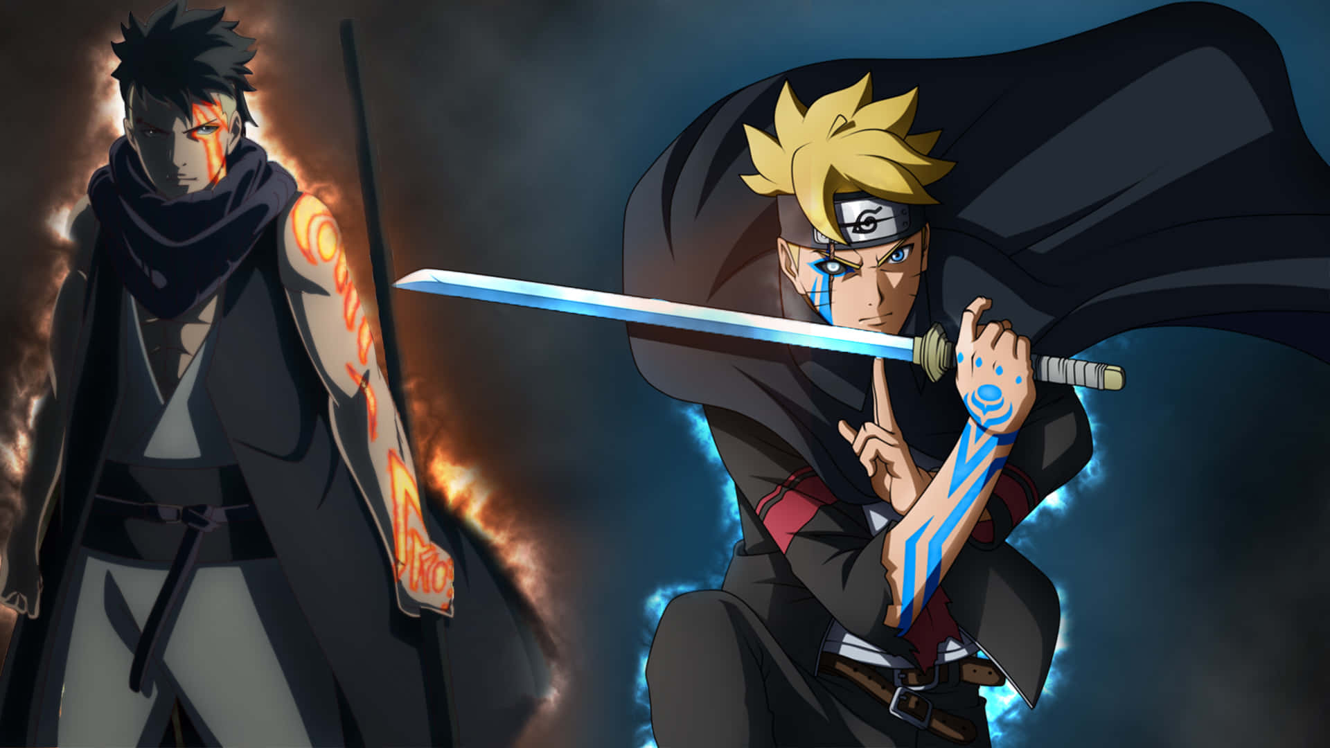 Boruto Vs Kawaki 桌布 壁紙 — 兩位動漫戰士在火焰風暴中交鋒，一位帶著橙色火焰，另一位帶著藍色閃電。