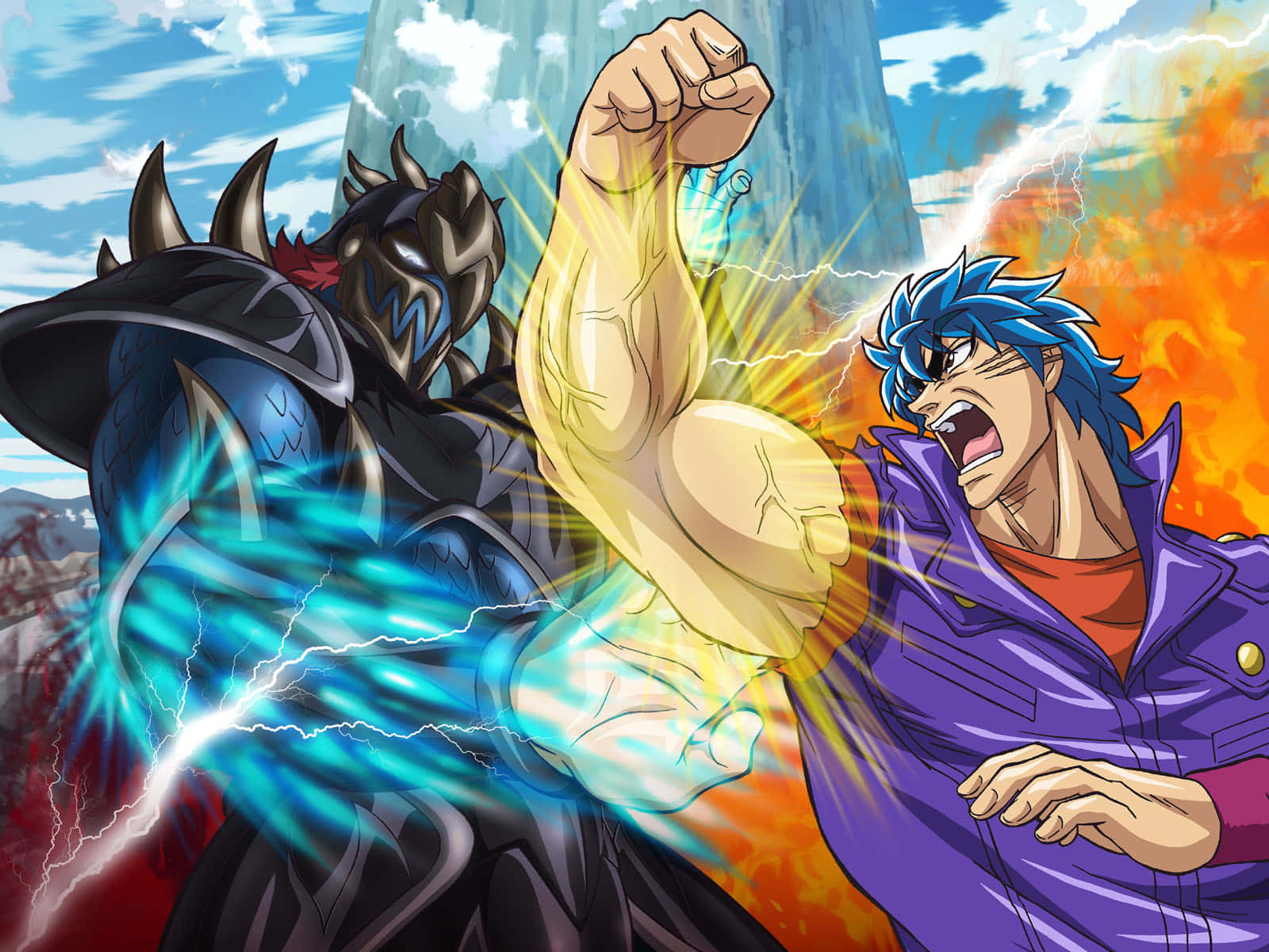 Toriko 桌布 壁紙 — 兩位動漫戰士在火熱的天空中碰撞，其中一人向黑暗裝甲的對手釋放出發光的拳頭。