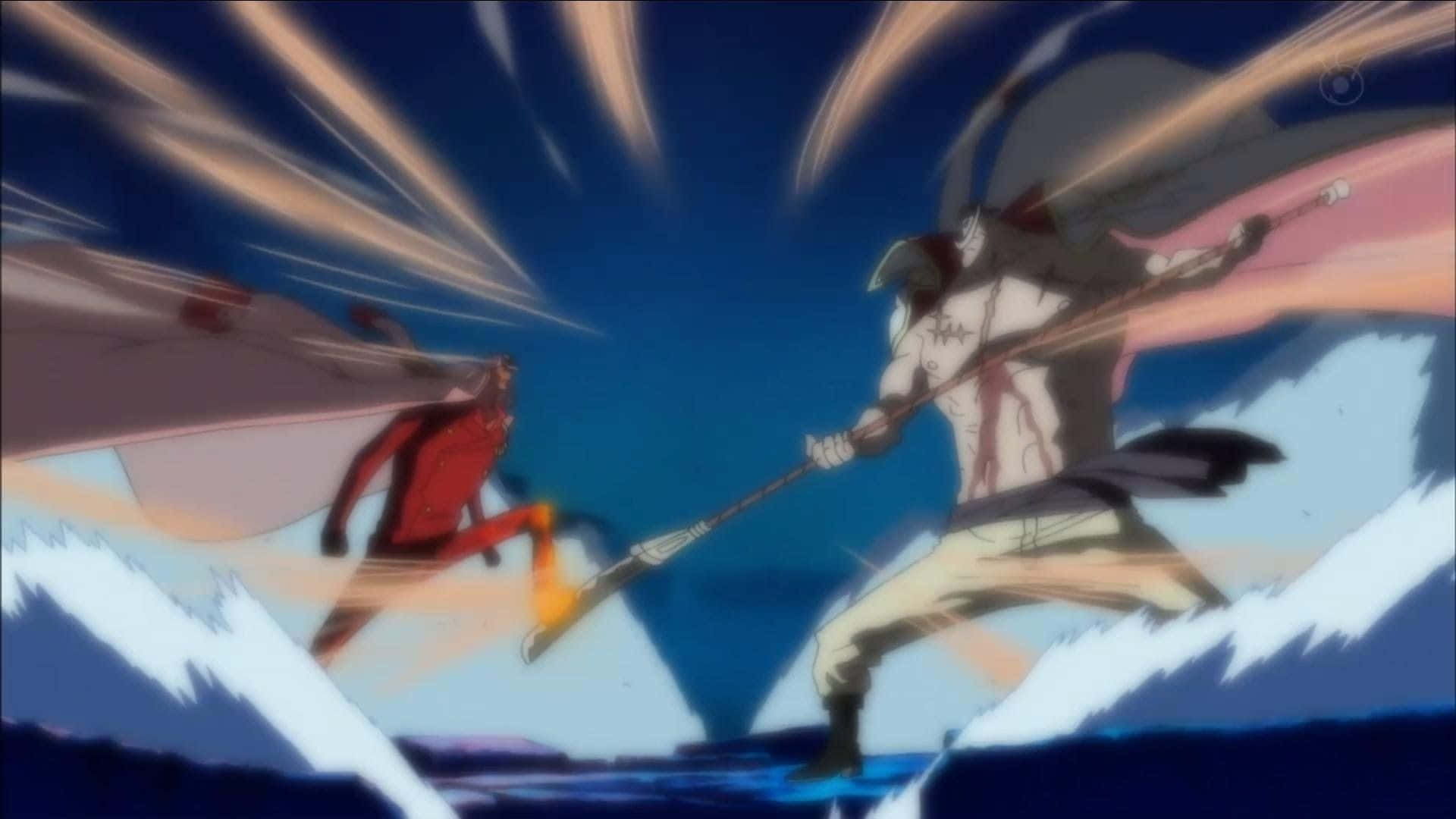 Marineford 桌布 壁紙 — 兩位動漫戰士在白雪覆蓋的山地戰場上激烈交鋒，伴隨動態動作線條和戲劇性燈光。