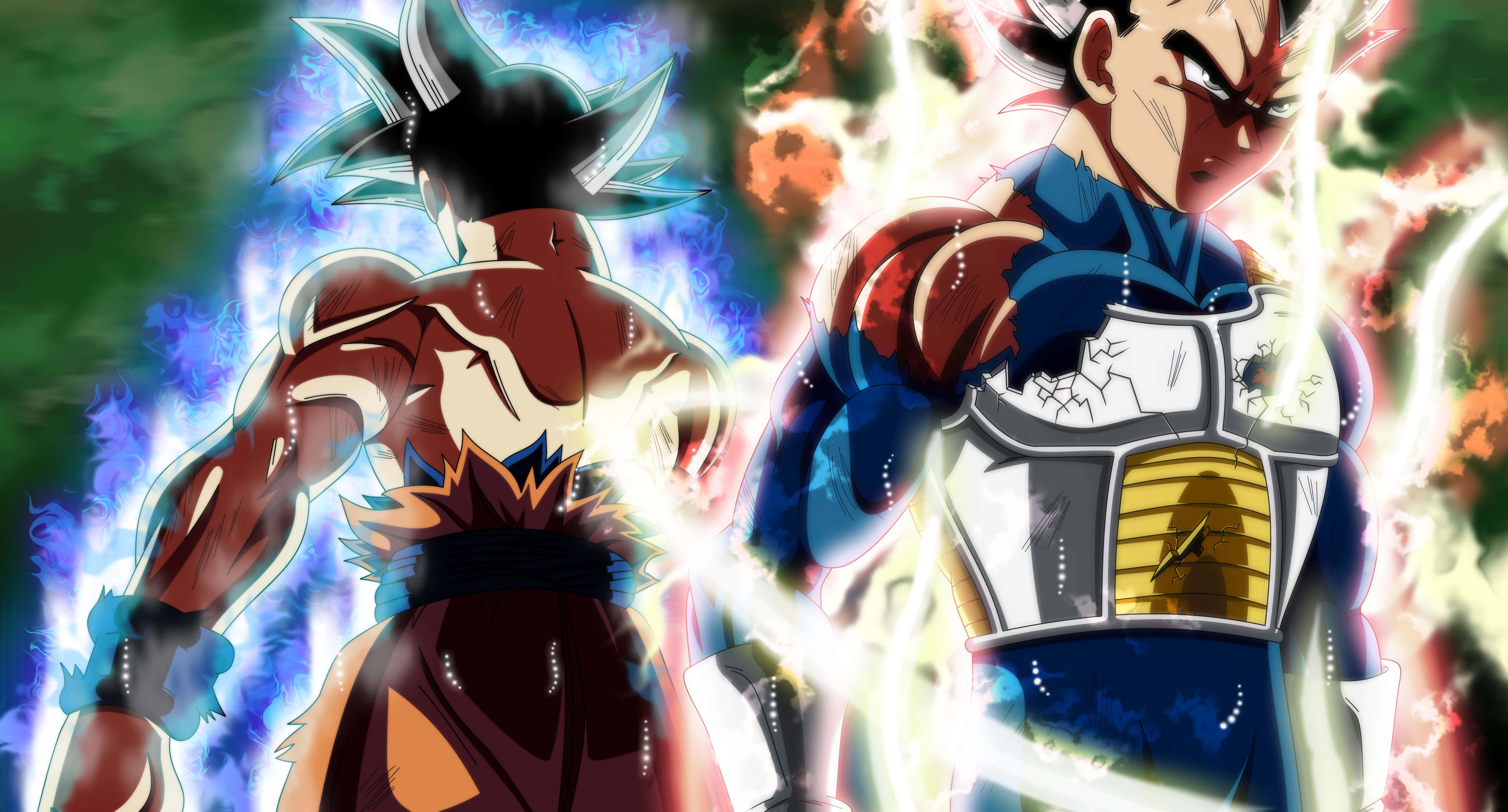 Vegeta And Goku 桌布 壁紙 — 兩位動漫戰士在能量爆發中碰撞，帶著發光的靈氣和動態姿勢，背景是熾熱的火焰。