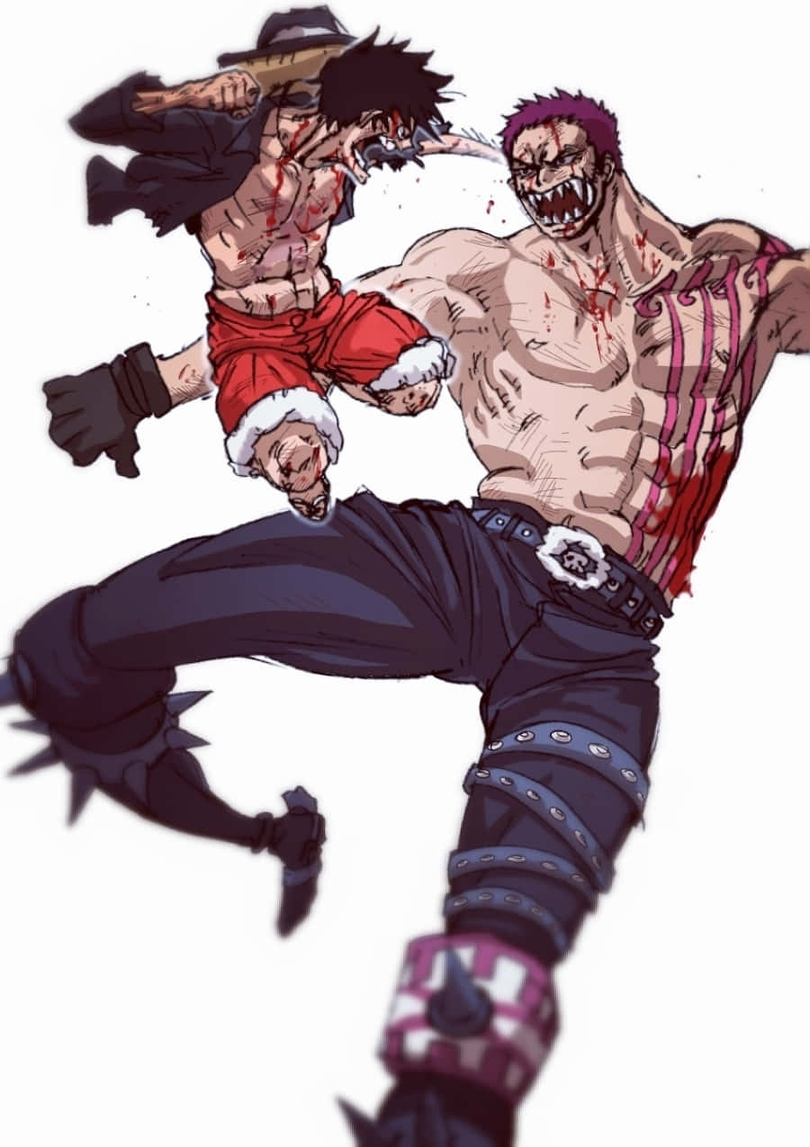 Charlotte Katakuri 桌布 壁紙 — 兩位動漫戰士在血腥的近戰中激烈碰撞，鮮血飛濺，表情猙獰。
