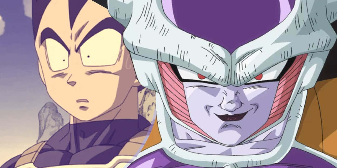 Vegeta And Frieza 桌布 壁紙 — 兩位動漫戰士在陰雲密佈的天空背景下，以強烈的表情對峙。
