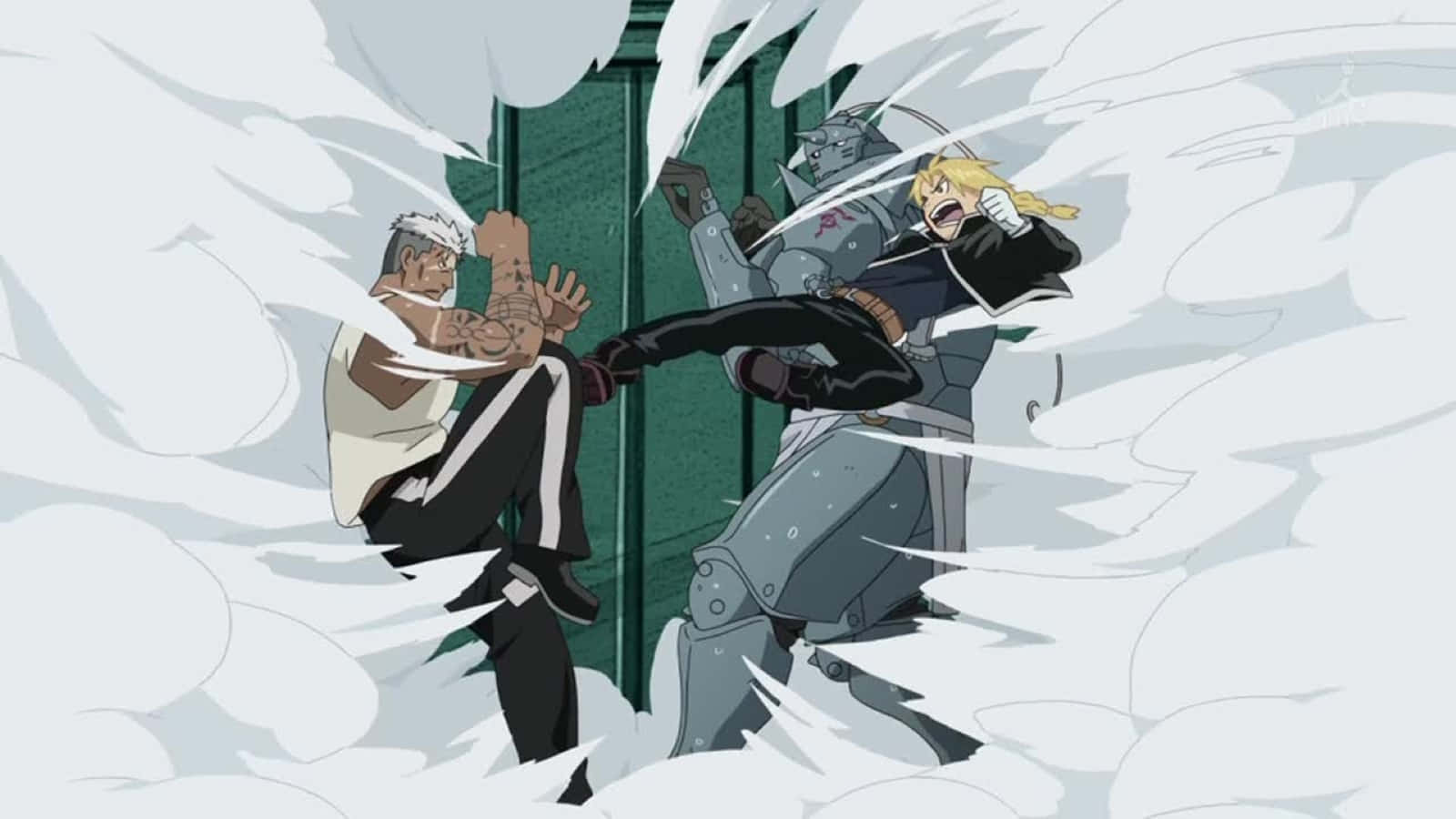 Fullmetal Alchemist Scar 桌布 壁紙 — 兩位動漫戰士在雪地戰鬥中碰撞，背景有動態動作線條和綠色門。
