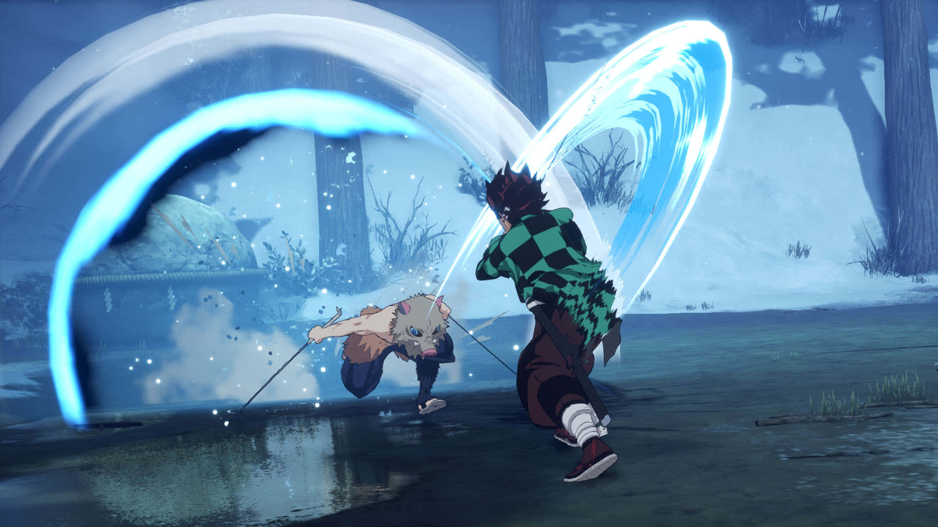 Demon Slayer Fight 桌布 壁紙 — 兩位動漫戰士在雪森林中碰撞，發光的藍色能量刀片在他們周圍旋轉。