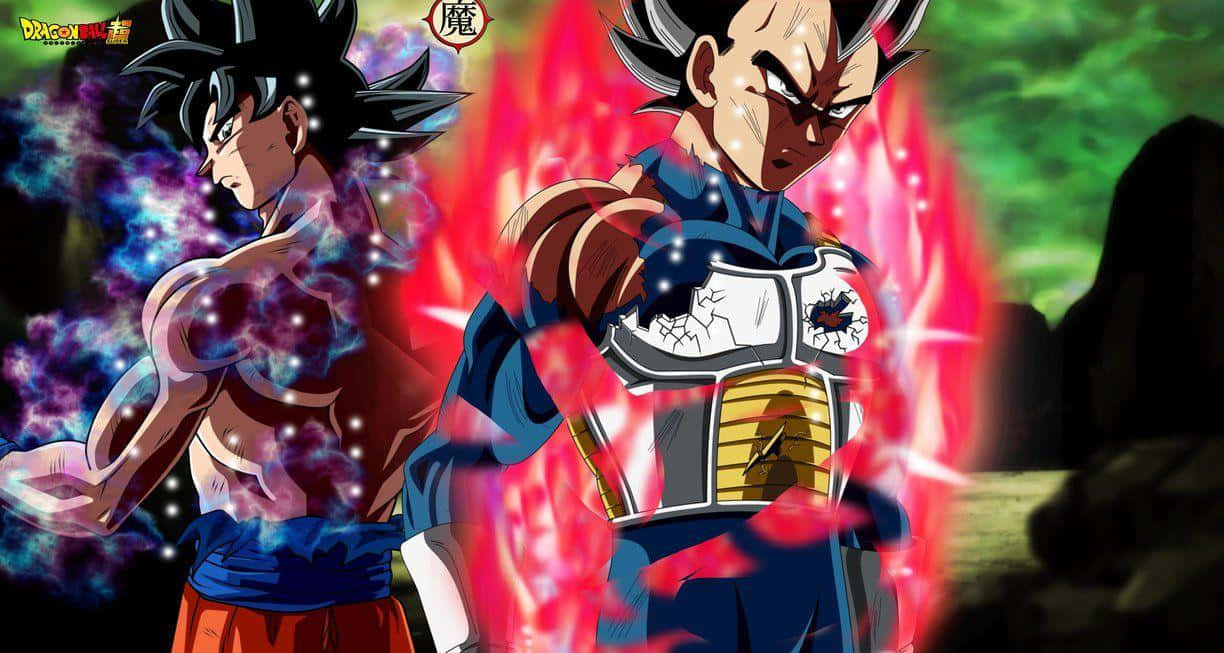 Vegeta And Goku 桌布 壁紙 — 兩位動漫戰士在黑暗岩石背景下，以發光的能量光環進行激烈戰鬥。