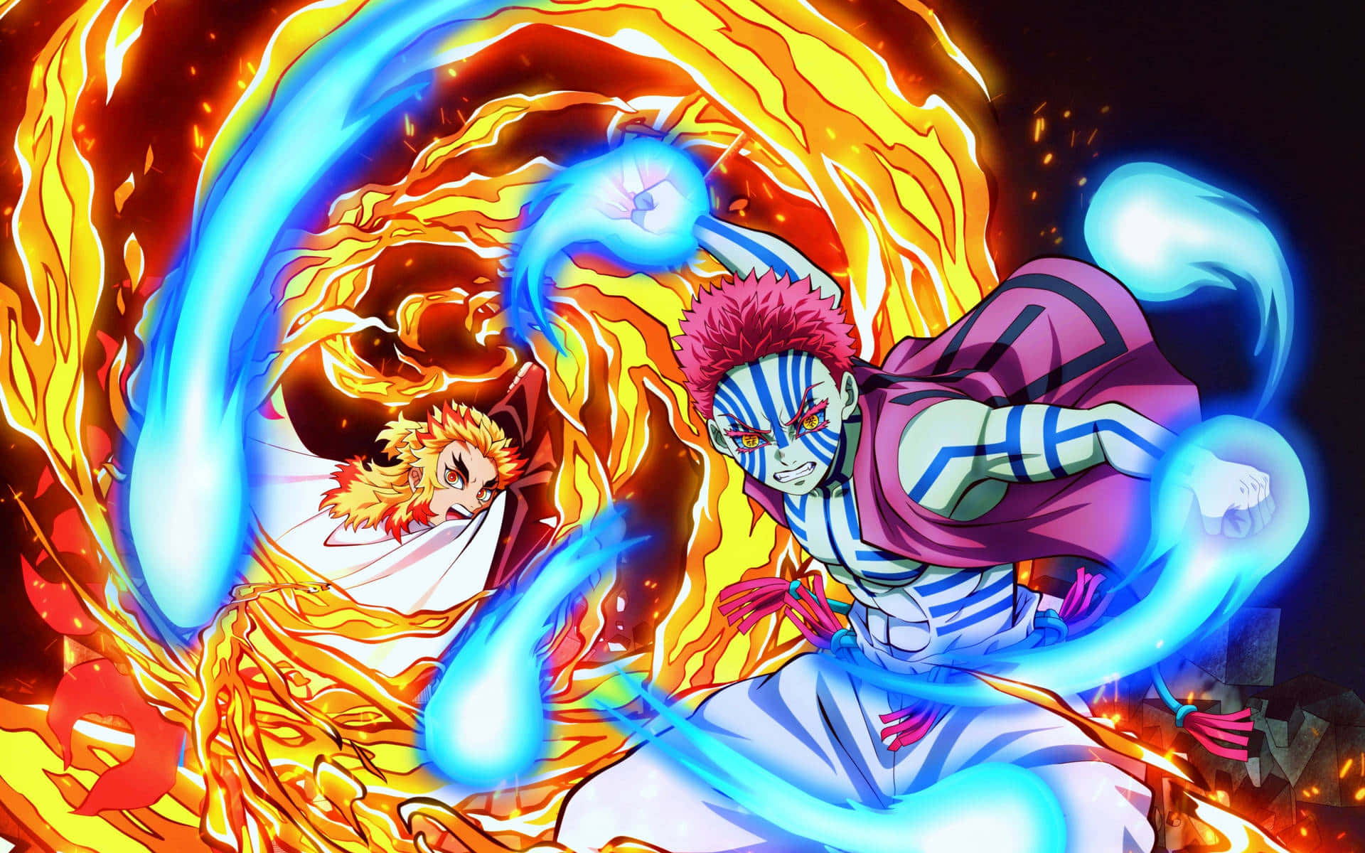 Demon Slayer Fight 桌布 壁紙 — 兩位動漫戰士在黑暗背景中，於橙色火焰和旋轉藍色能量的火熱漩渦中碰撞。