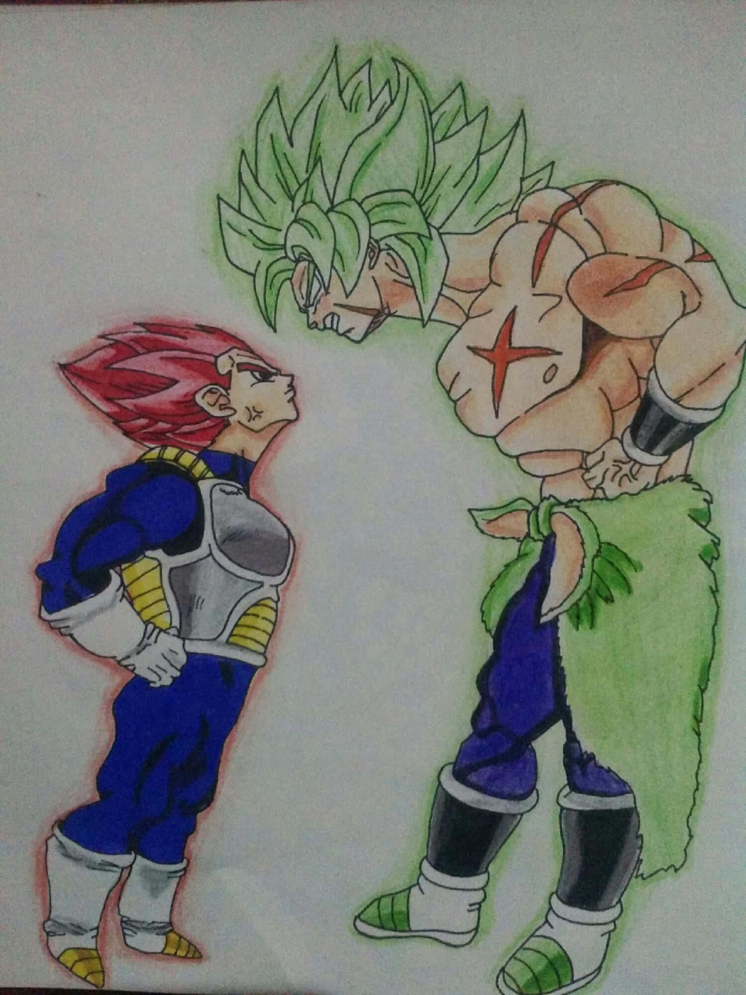 Vegeta And Broly 桌布 壁紙 — 兩位動漫戰士對峙，一位紅髮藍甲，另一位綠髮帶星形紋身。