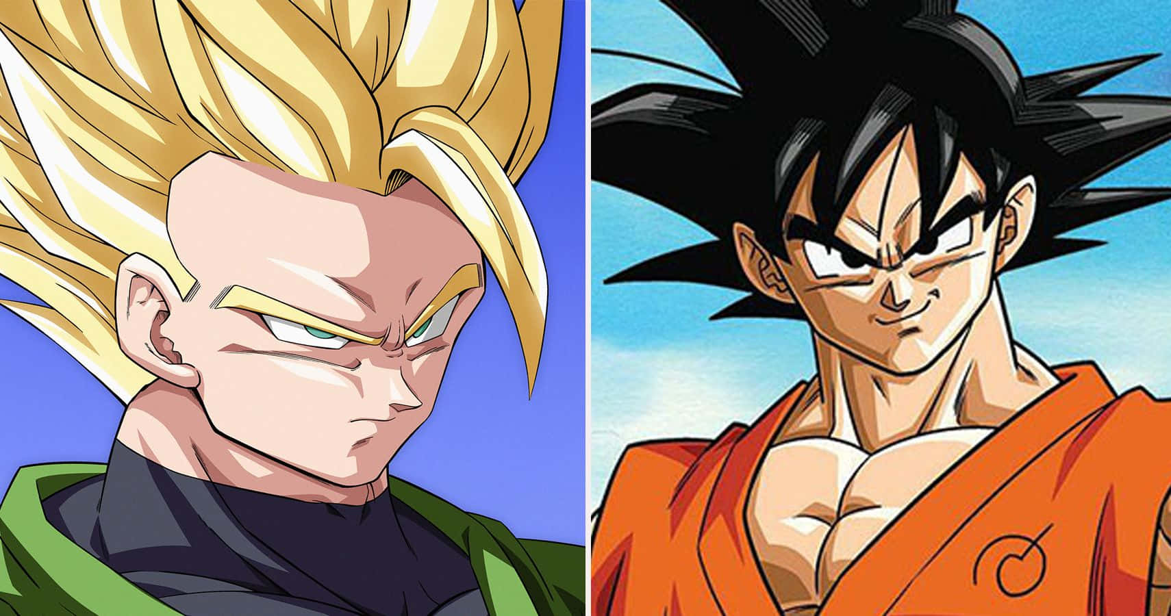 Dragon Ball Characters 桌布 壁紙 — 兩位動漫戰士對峙，一位金髮刺蝟頭穿綠色盔甲，另一位黑髮穿橙色道服，背景為藍天。