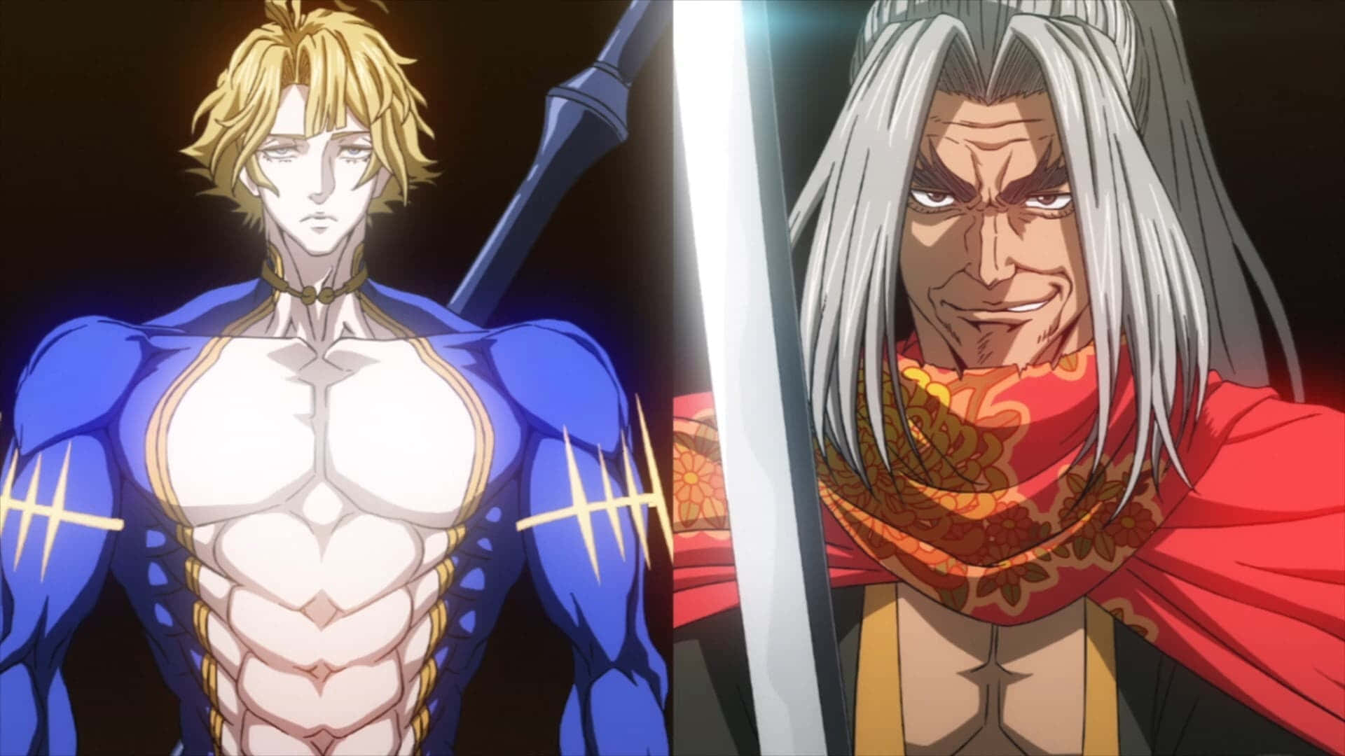 Record Of Ragnarok 桌布 壁紙 — 兩位動漫戰士對峙，一位金髮藍甲，另一位白髮紅披風持劍。