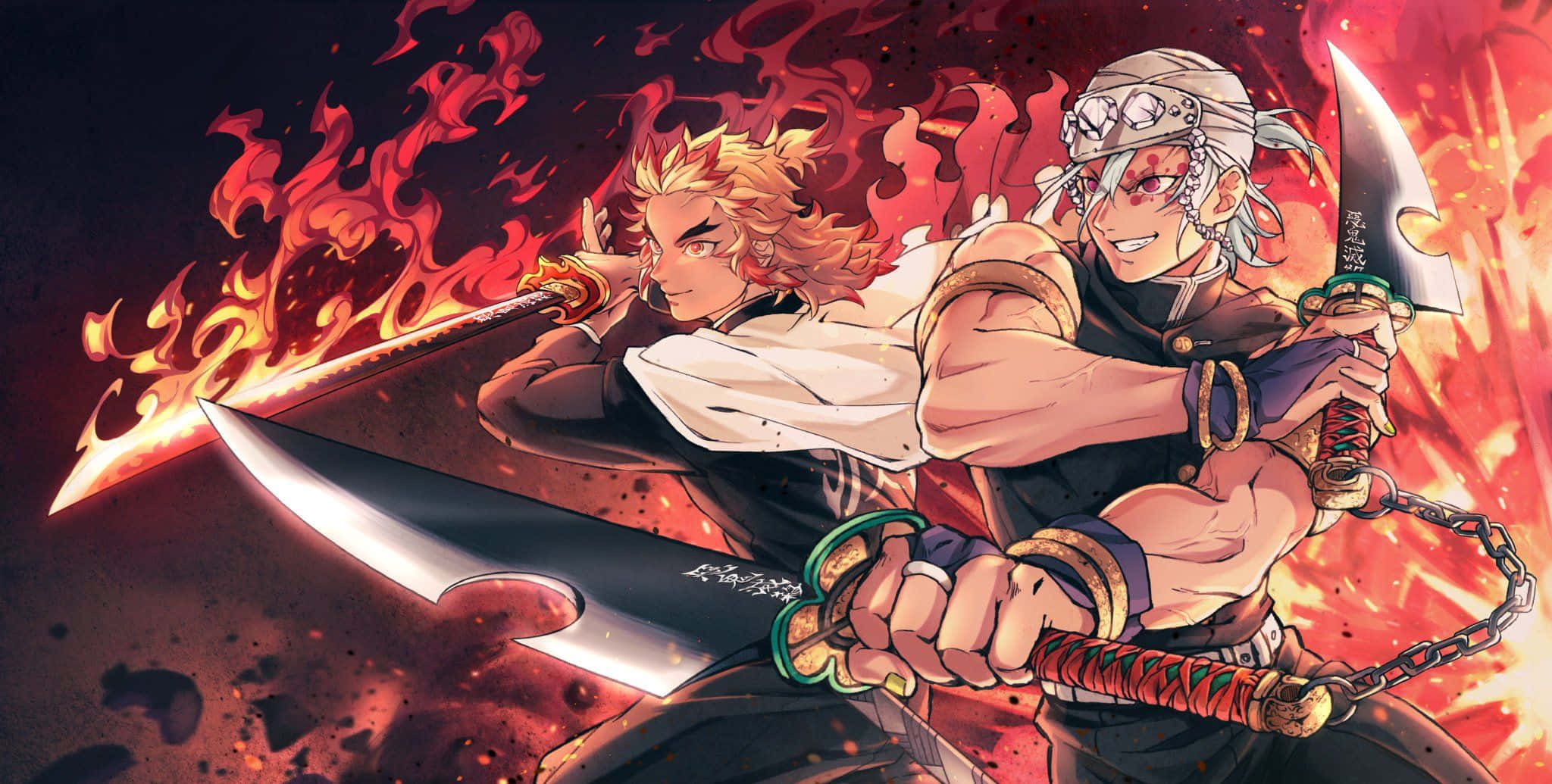 Rengoku And Tengen 桌布 壁紙 — 兩位動漫戰士手持火焰劍，在熾熱的紅色背景下激烈交鋒，展開一場激烈的戰鬥場景。