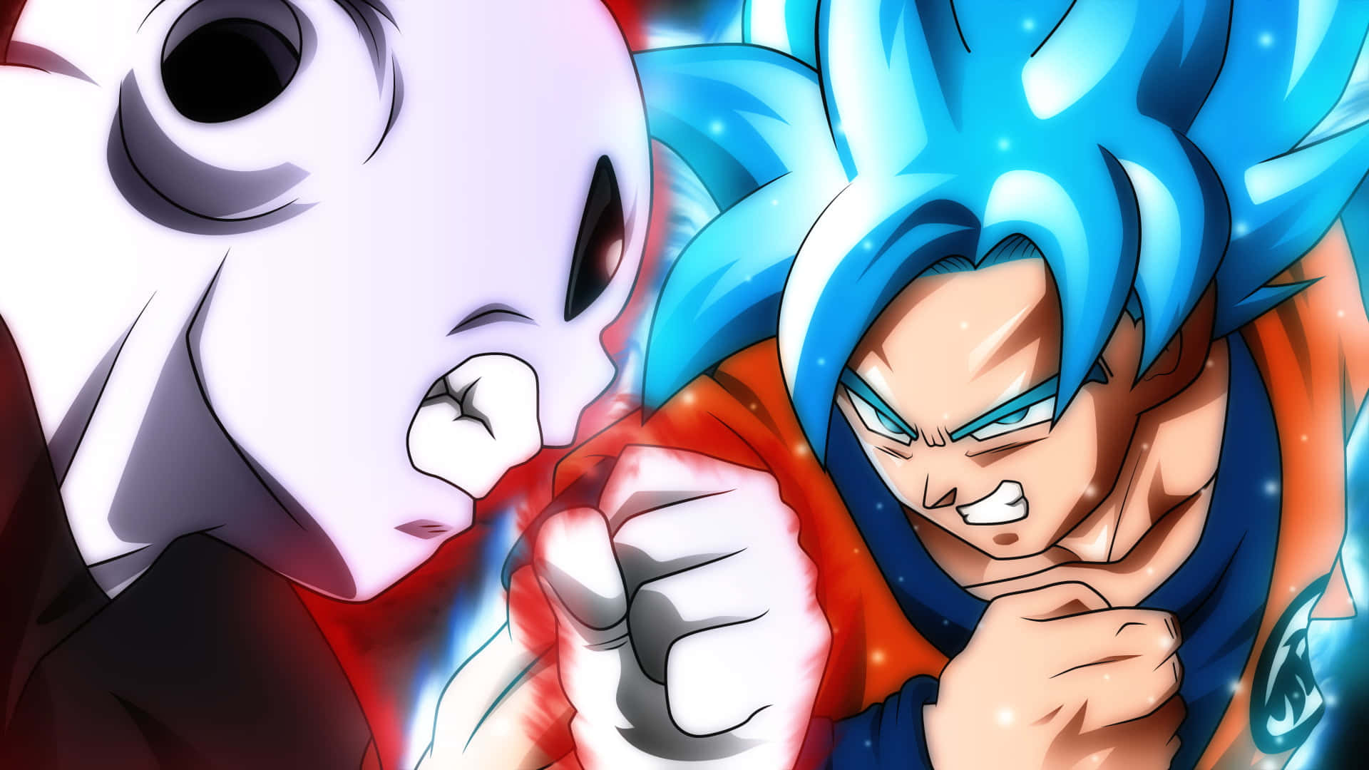 Dragon Ball Xenoverse 桌布 壁紙 — 兩位動漫戰士拳頭相撞，迸發出藍色和紅色的發光能量爆發，面容因激烈戰鬥而扭曲。