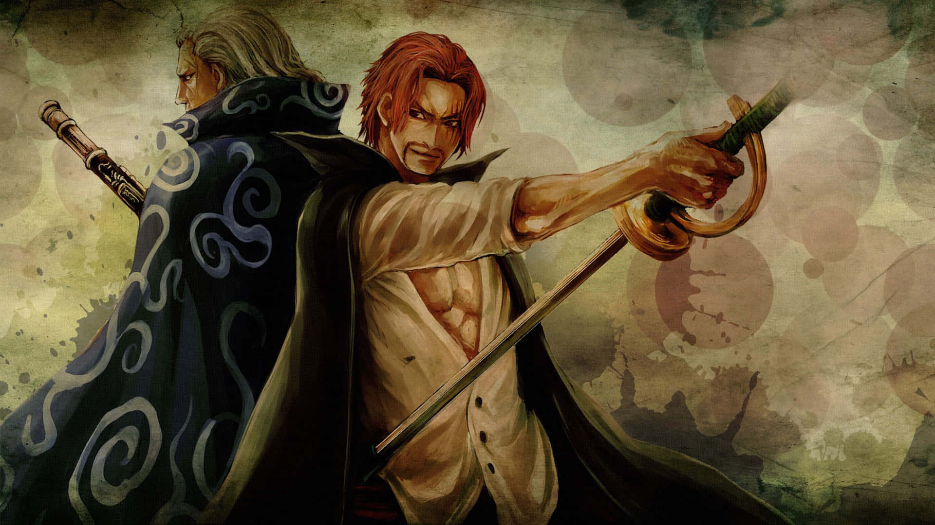 Marineford 桌布 壁紙 — 兩位動漫戰士擺出戲劇性的姿勢，拔出劍，背景是紋理豐富、充滿戰鬥痕跡的場景。