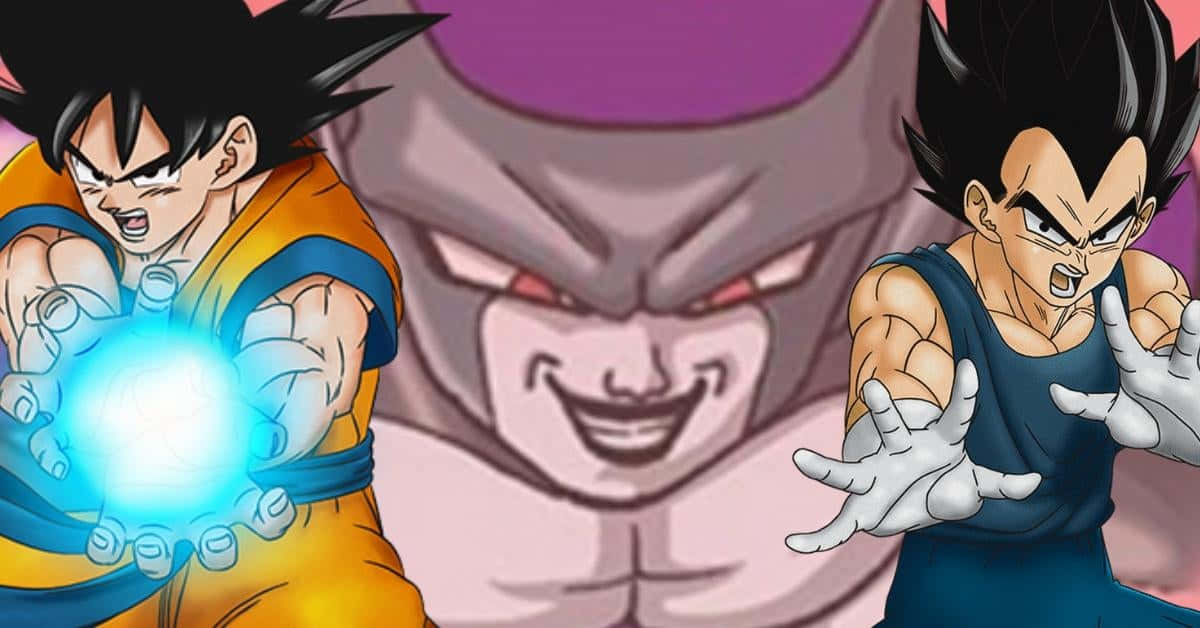 Vegeta And Frieza 桌布 壁紙 — 兩位動漫戰士正在引導發光的能量球，面對一個帶著邪惡笑容、紫色皮膚的威脅性反派。
