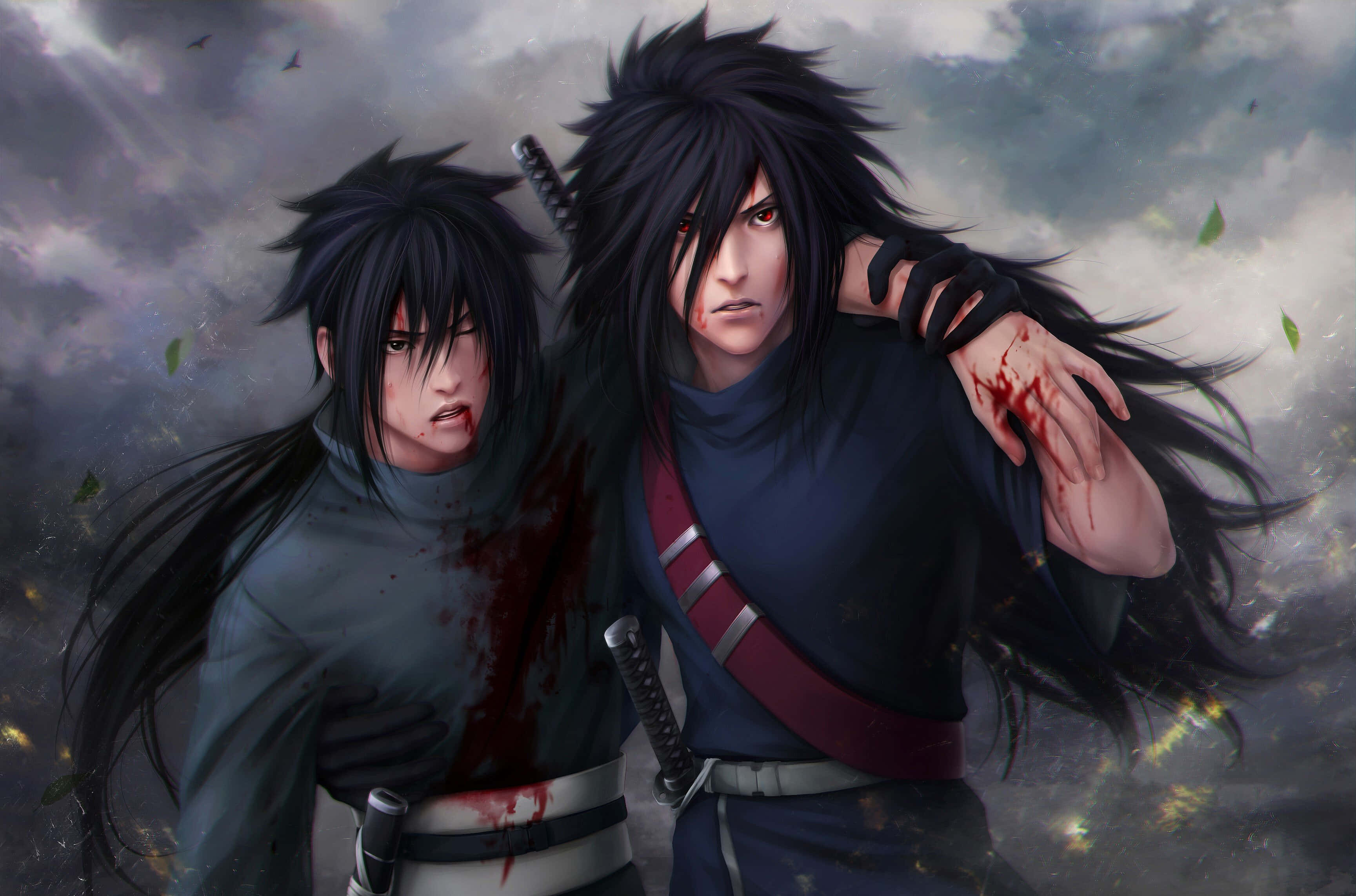Izuna Uchiha 桌布 壁紙 — 兩位動漫戰士滿臉鮮血，手持利劍，站在落葉紛飛的暴風雨天空下。