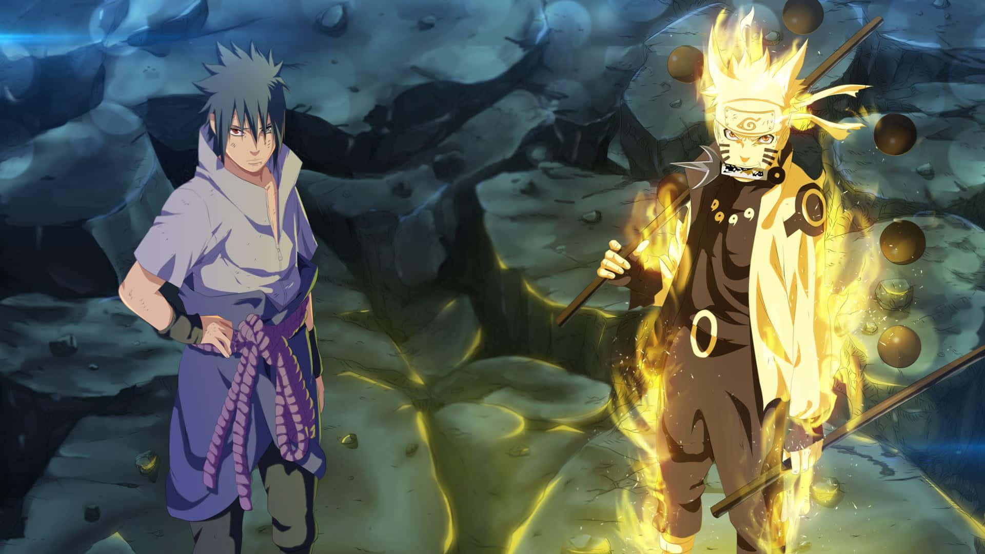 Sage Of Six Paths 桌布 壁紙 — 兩位動漫戰士站在一個岩石洞穴中，一位散發著熾熱的查克拉，另一位則穿著紫色服裝保持冷靜。