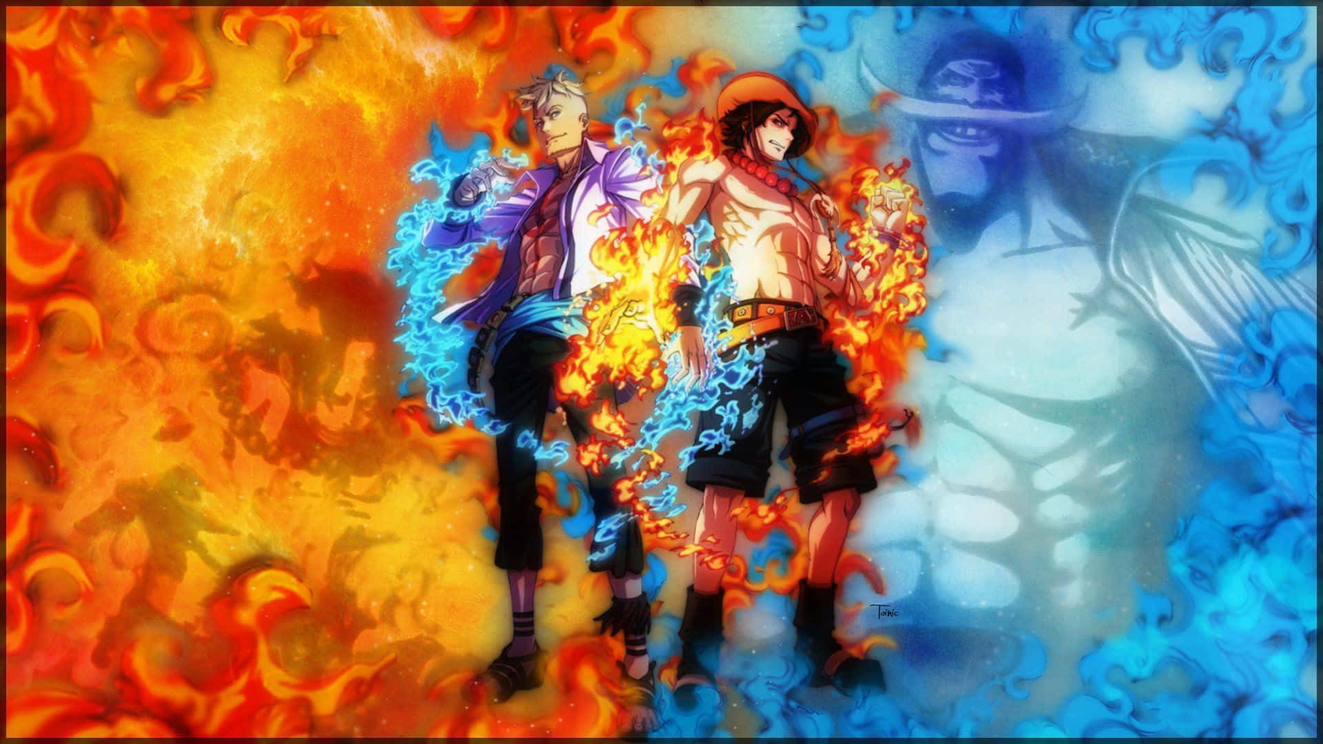 Marineford 桌布 壁紙 — 兩位動漫戰士站在咆哮的橙色火焰和旋轉的藍色能量中，一個幽靈般的身影在他們身後若隱若現。