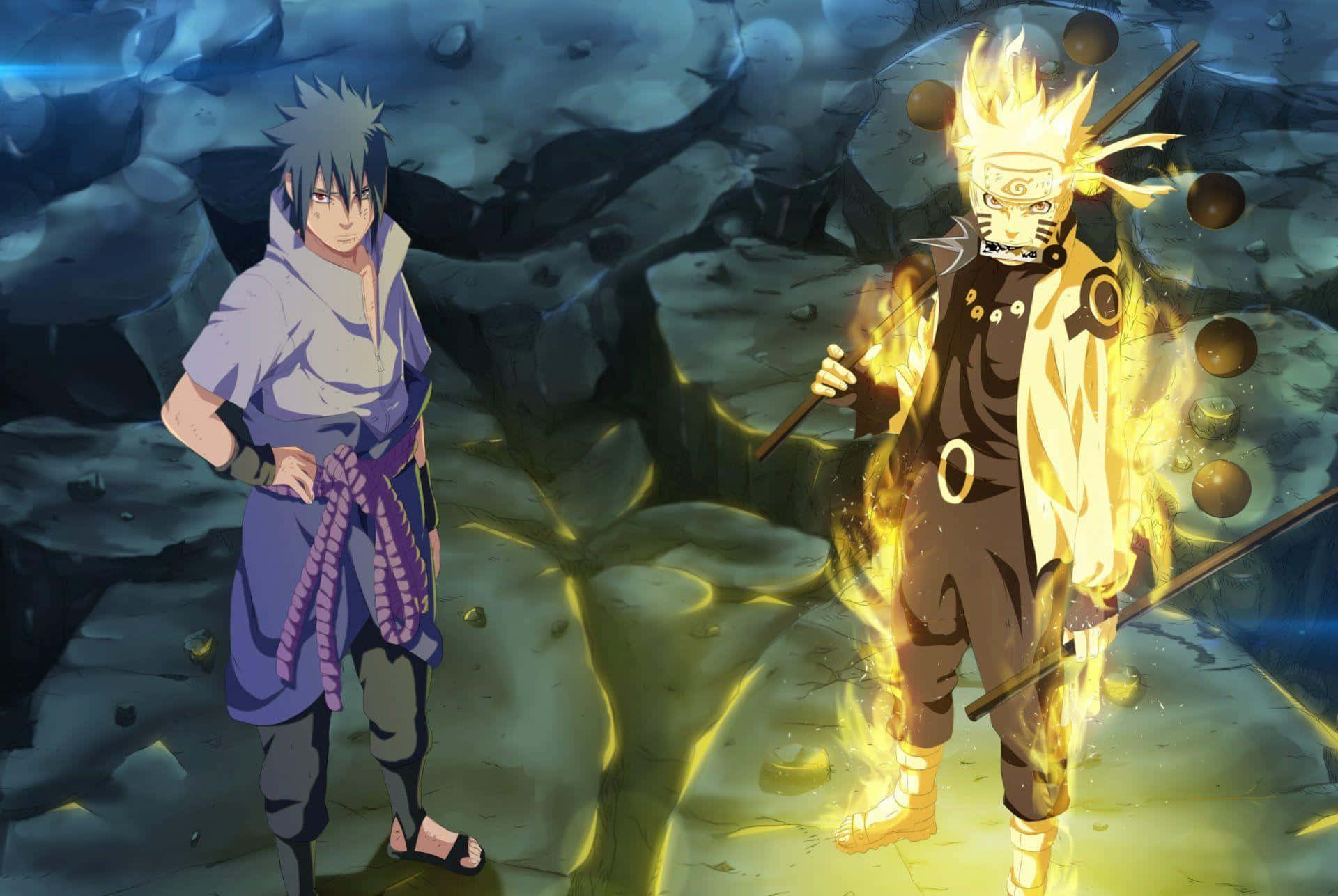 Ninja World 桌布 壁紙 — 兩位動漫戰士站在岩石洞穴中，一位散發著熾熱的查克拉，另一位則平靜地穿著紫色長袍。