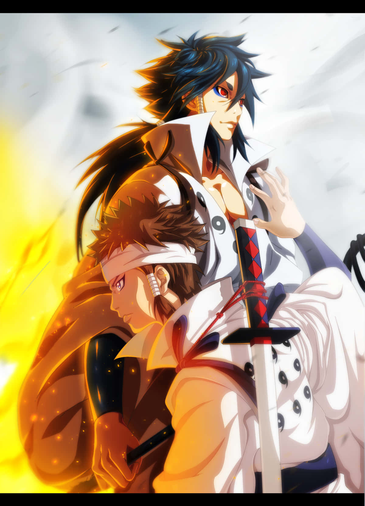 Asura ōtsutsuki 桌布 壁紙 — 兩位動漫戰士背光站立，被熾熱的橙色光芒照射，帶有戲劇性的陰影和強烈的表情。