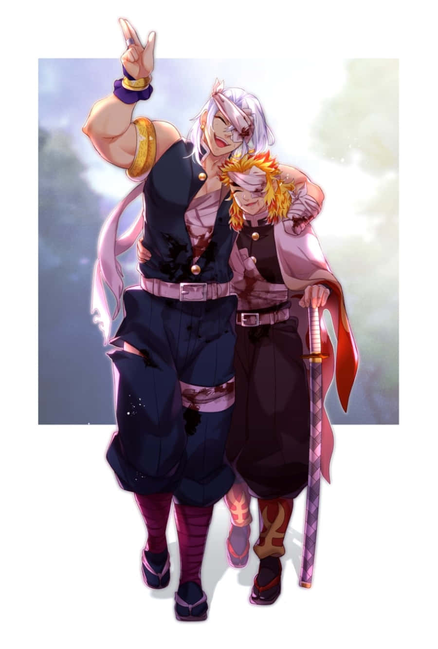 Rengoku And Tengen 桌布 壁紙 — 兩位動漫戰士自信地擺姿勢，一位銀髮比出和平手勢，另一位火橙色頭髮手持劍。