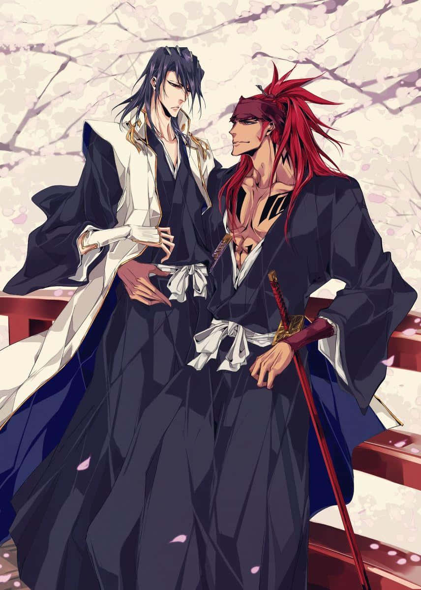 Renji Abarai 桌布 壁紙 — 兩位動漫戰士身穿深色長袍，站在盛開櫻花下的紅色台階上，一位黑髮，另一位火紅髮。