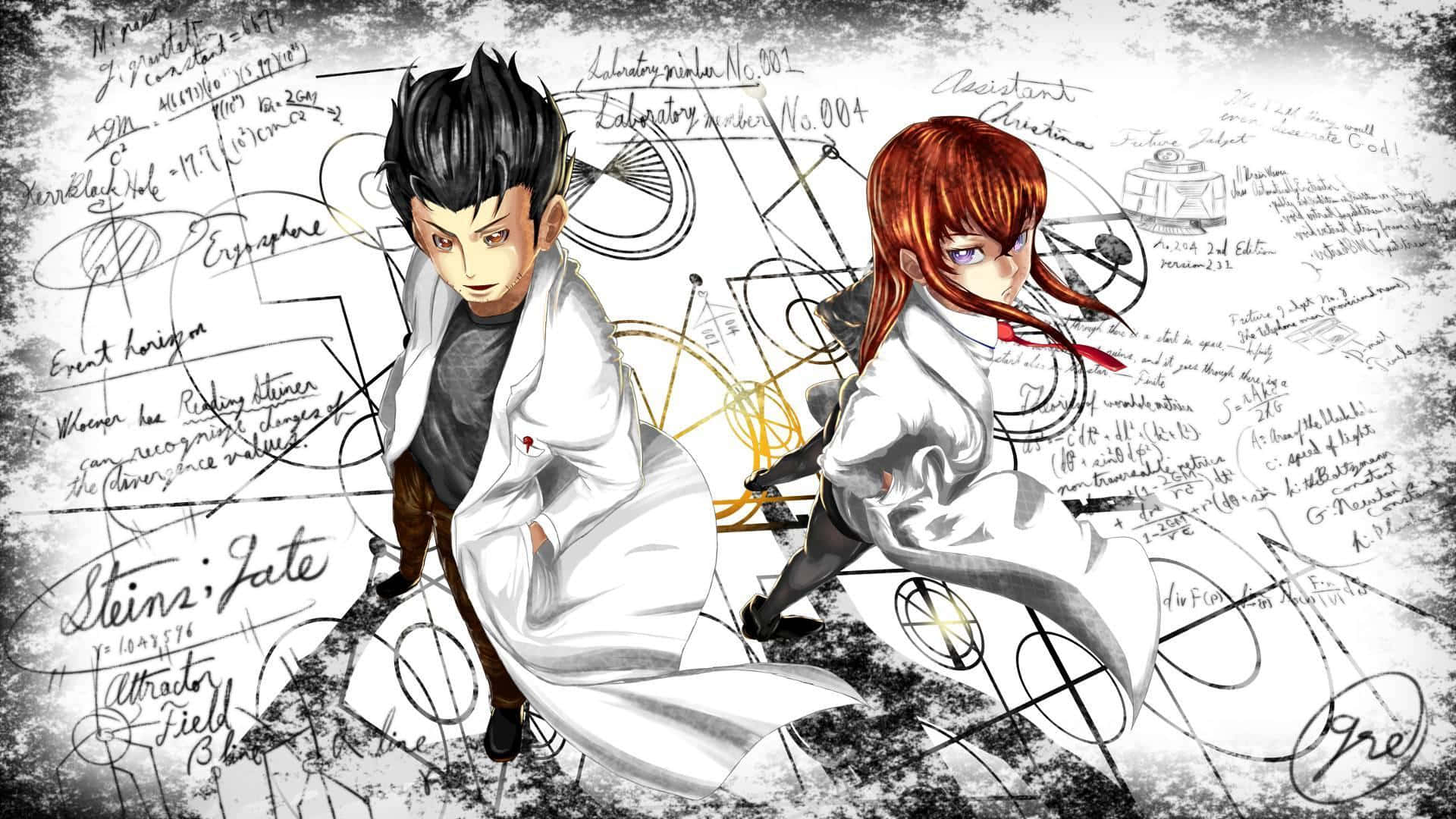 Steins Gate 桌布 壁紙 — 兩位動漫科學家身穿白色實驗室外套，坐在粗糙紋理背景上，周圍環繞著旋轉的方程式和圖表。