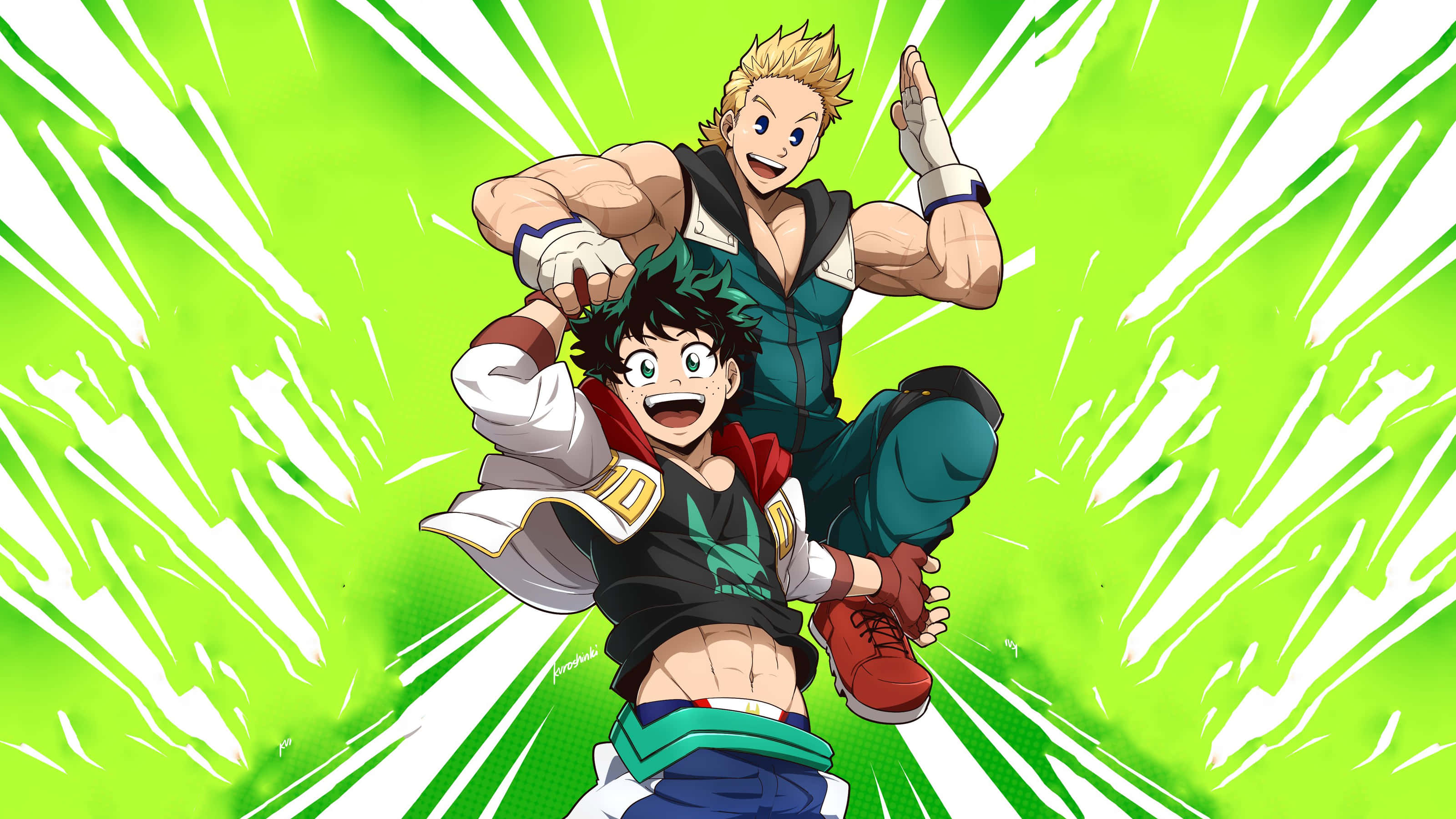 Mirio Togata 桌布 壁紙 — 兩位動漫英雄在充滿活力的綠色和白色爆炸背景上動態跳躍。