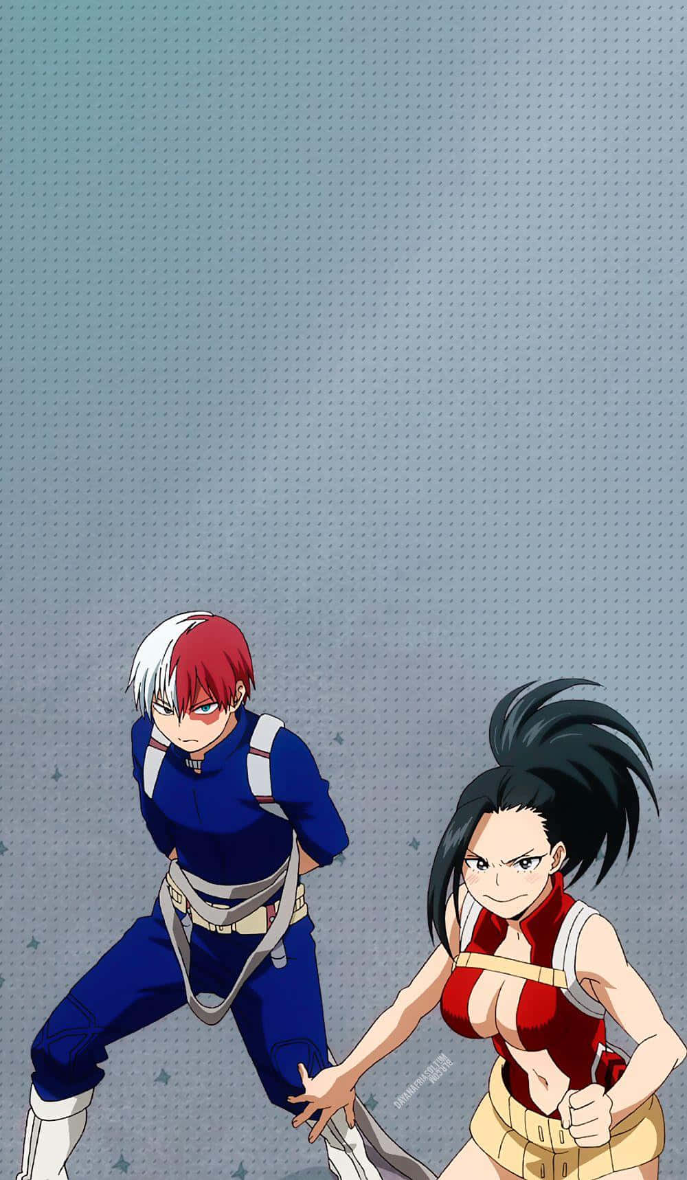 Momo Yaoyorozu 桌布 壁紙 — 兩位動漫英雄在點狀灰色背景上擺出動態戰鬥姿勢。