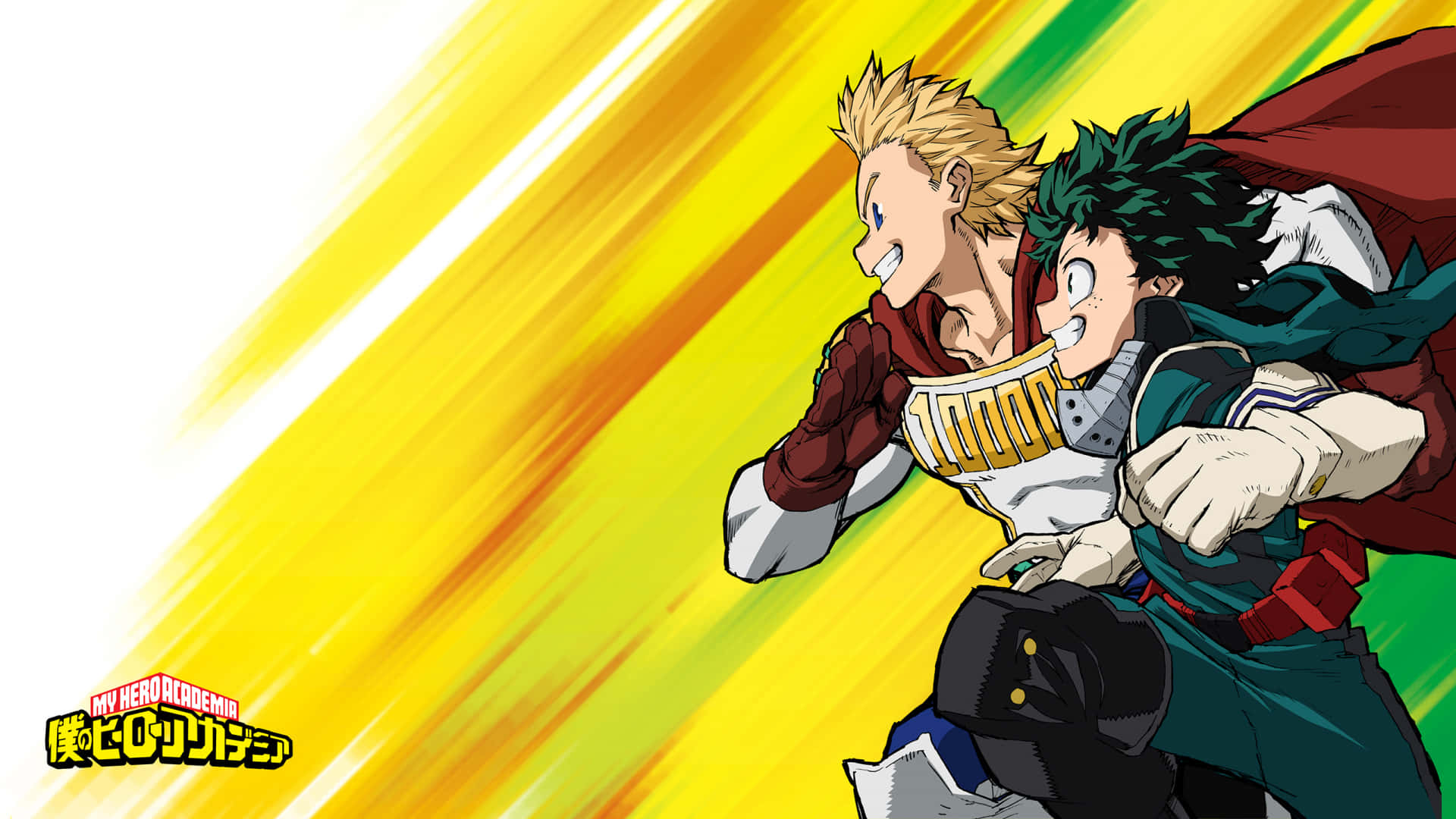 Mirio Togata 桌布 壁紙 — 兩位動漫英雄帶著堅定的表情，在充滿活力的黃綠動態模糊背景中向前衝刺。