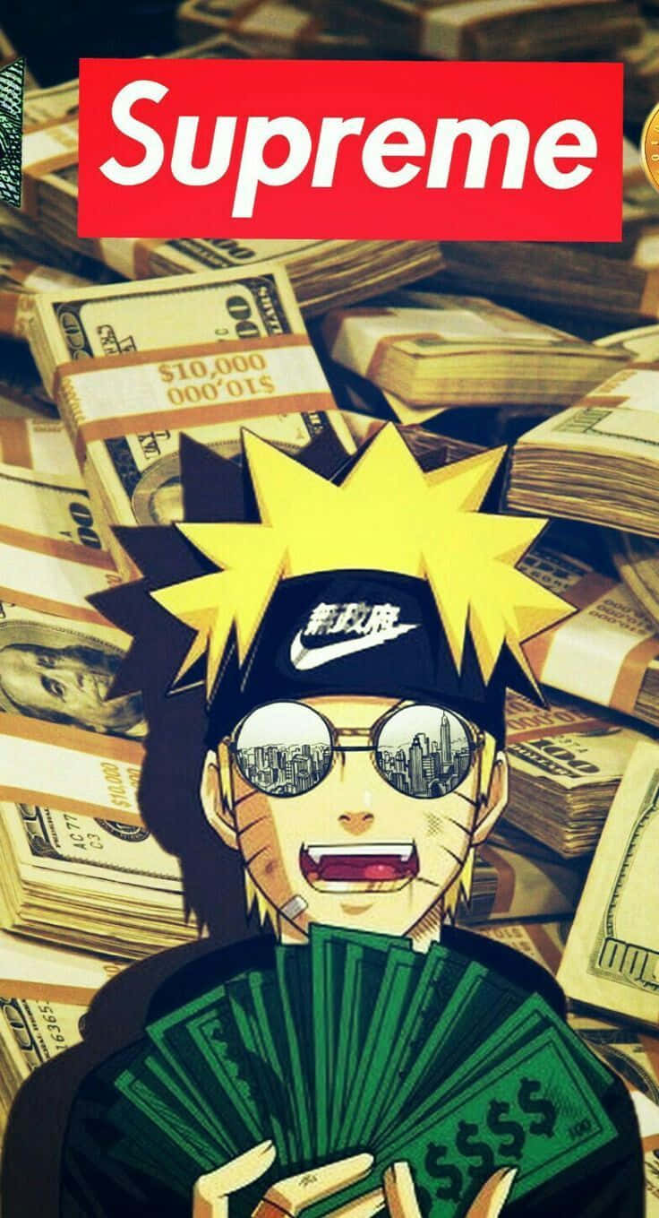 動漫角色鳴人手持現金，被帶有Supreme標誌的成堆金錢包圍。