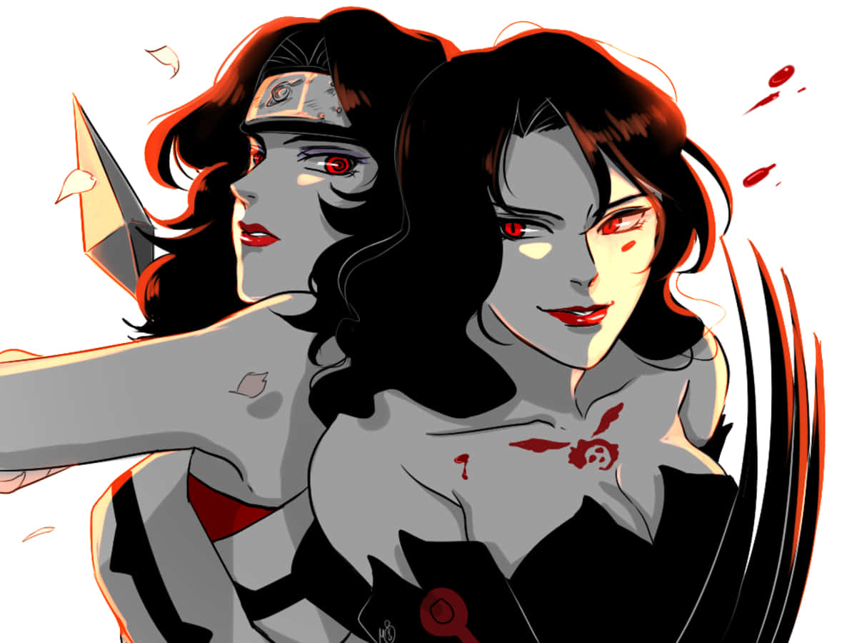Fullmetal Alchemist Lust 桌布 壁紙 — 兩位動漫風格女性，紅眼黑髮，以動態姿勢碰撞，伴隨血濺和鋒利刀刃。