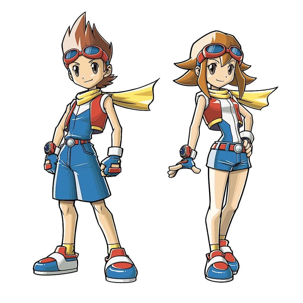 Pokemon Ranger 桌布 壁紙 — 兩位動漫風格的冒險家，身穿相配的藍色、紅色和黃色服裝，戴著護目鏡和披風，自信地站在白色背景前。