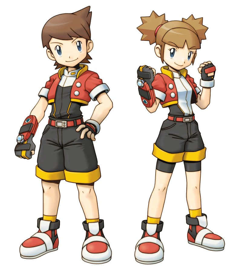 Pokemon Ranger 桌布 壁紙 — 兩位動漫風格的冒險者穿著相配的紅、黃、黑色服裝，自信地站在純白背景前。