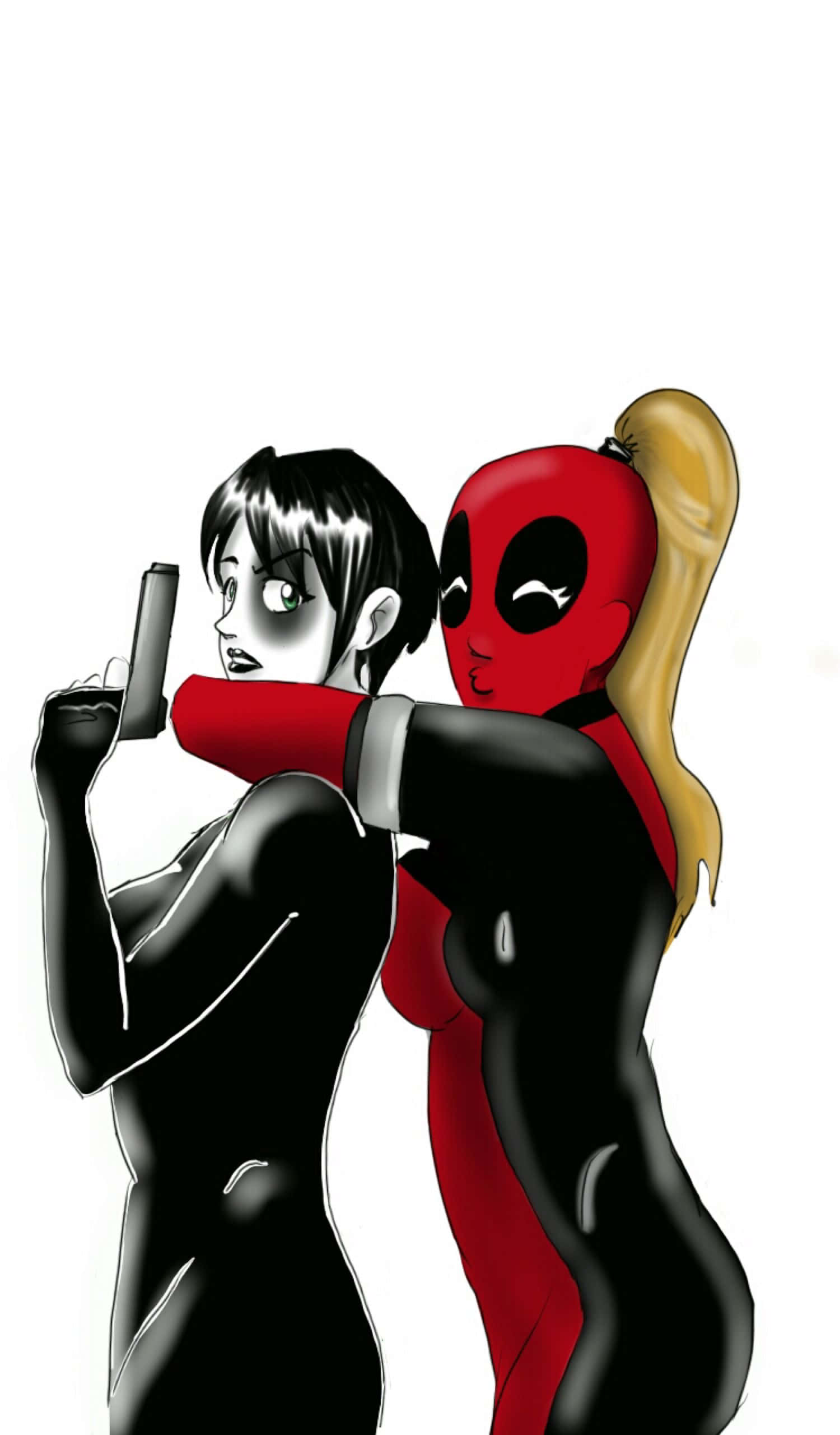 Deadpool And Vanessa 桌布 壁紙 — 兩位動漫風格的女超級英雄穿著緊身衣背對背擺姿勢，一個拿著槍，另一個露出得意的笑容。