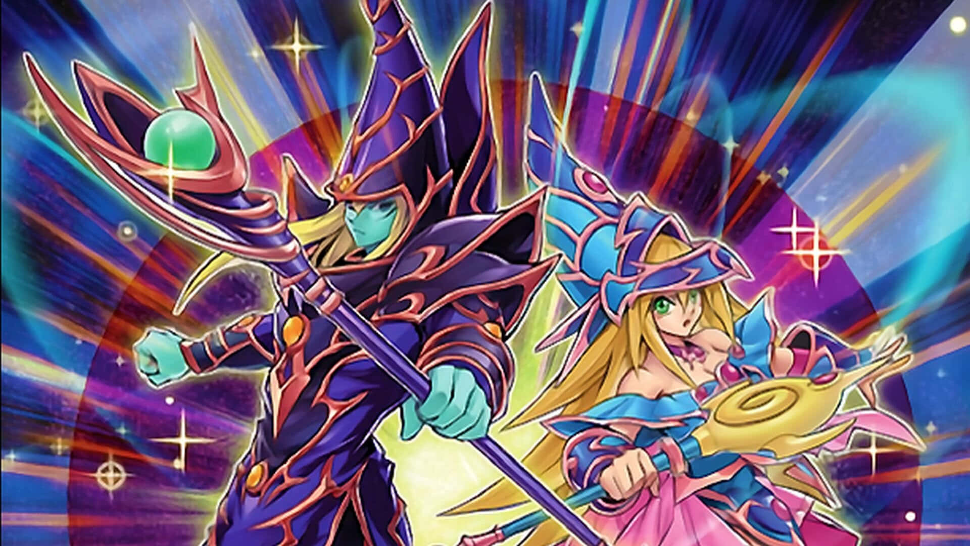 Yugioh Dark Magician 桌布 壁紙 — 兩位動漫風格的決鬥者身著精緻服裝，在閃爍星星和能量光束的璀璨宇宙背景下動態站立。