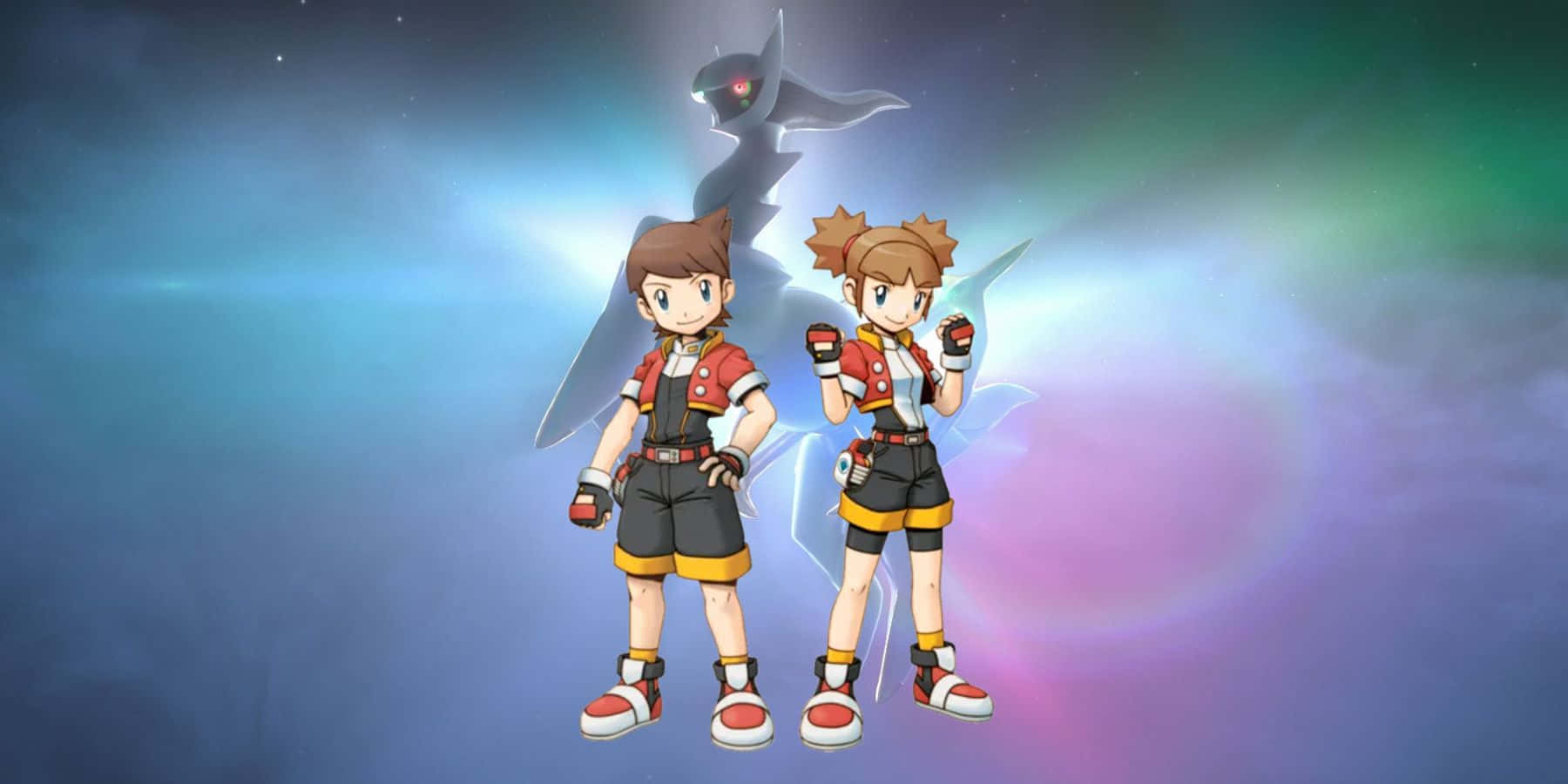 Pokemon Ranger 桌布 壁紙 — 兩位動漫風格的訓練員自信地站立，身後有一隻幽靈般的寶可夢，背景是發光的宇宙。