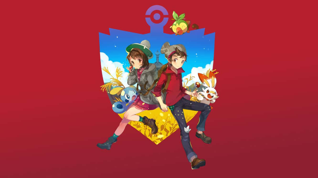 Pokemon Characters 桌布 壁紙 — 兩位動漫風格的訓練家與寶可夢在紅色背景、藍天和精靈球標誌前動態站立。