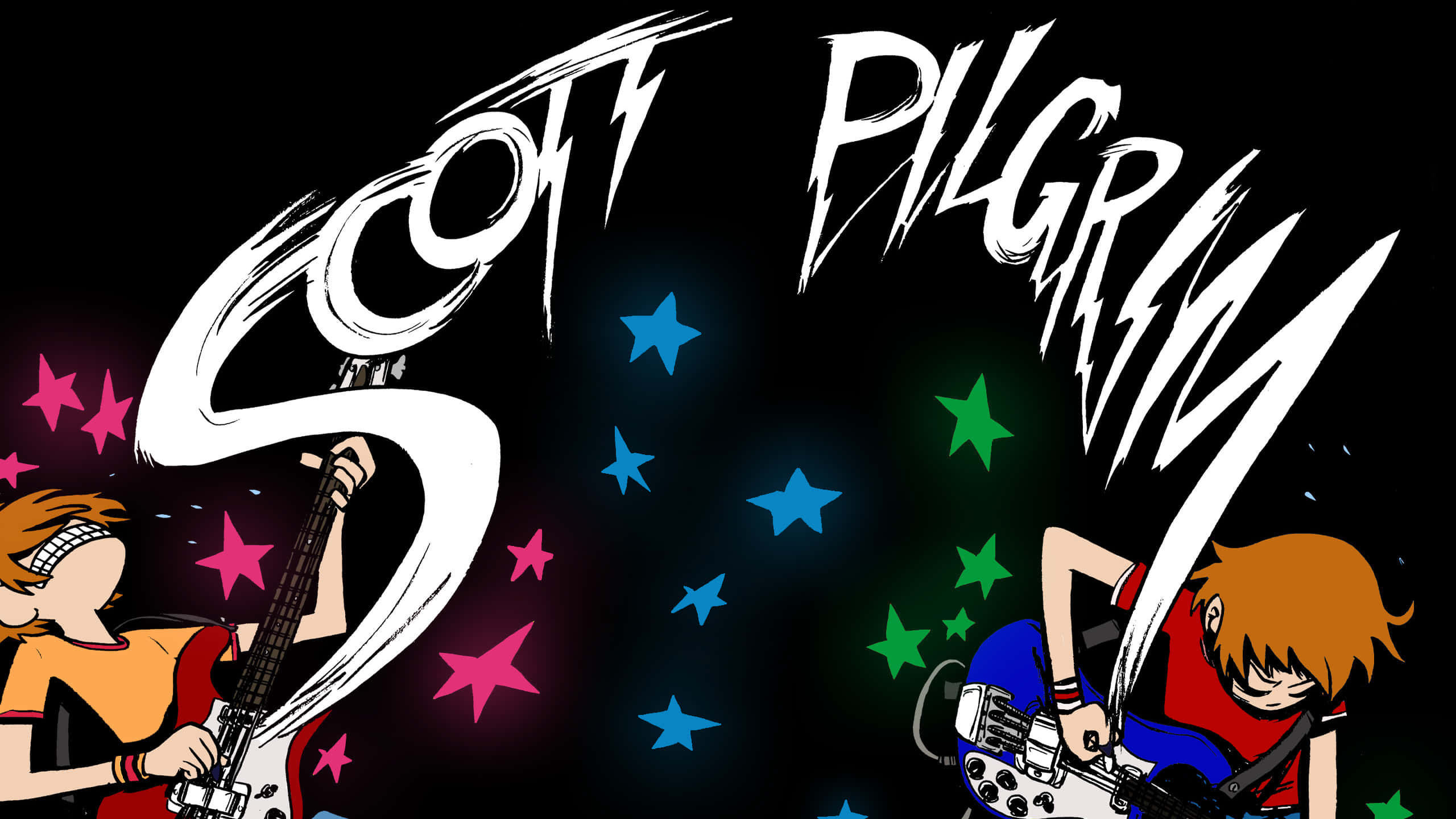 scott pilgim 桌布 壁紙 — 兩位動漫風格的音樂家在黑色背景上彈奏電結他，背景有彩色星星和粗體白色風格文字。