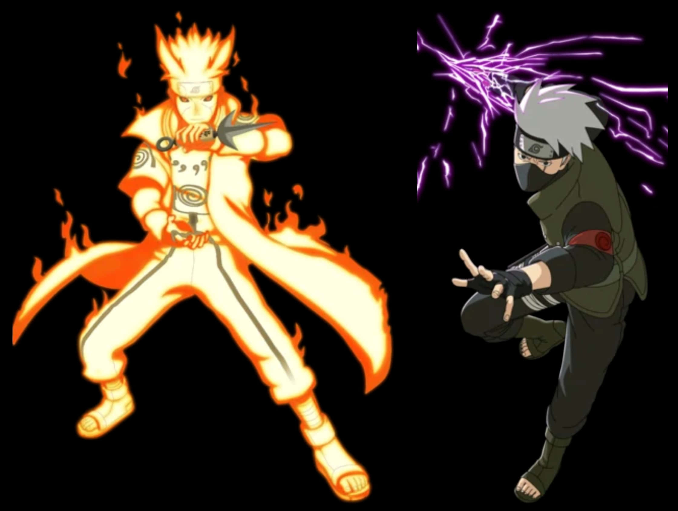 Kakashi And Minato 桌布 壁紙 — 兩位動畫忍者戰士交鋒——一位被橙色火焰吞噬，另一位揮舞紫色閃電，背景是黑色虛空。