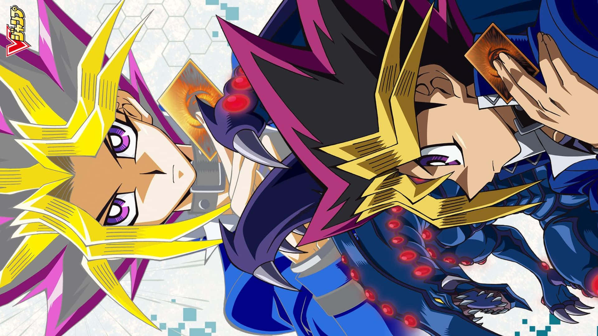 Yugioh 桌布 壁紙 — 兩位動畫決鬥者，頭髮尖刺、眼睛發光，在像素化背景前激烈對峙，手持決鬥卡牌。