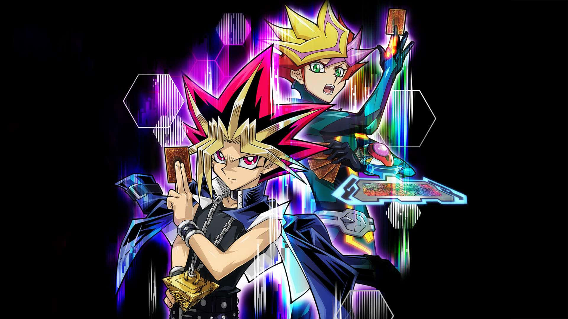 Yami Yugi 桌布 壁紙 — 兩位動畫決鬥者以動態姿勢揮舞發光卡牌，背景為霓虹賽博龐克風格。