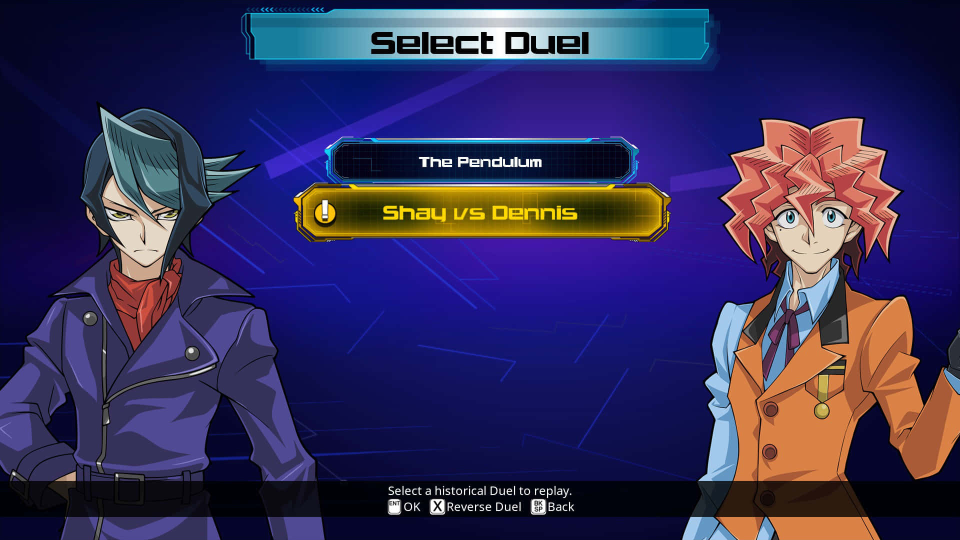 Shay Obsidian 桌布 壁紙 — 兩位動畫決鬥者在發光的數位競技場中對峙，下方有「Select Duel」選單。