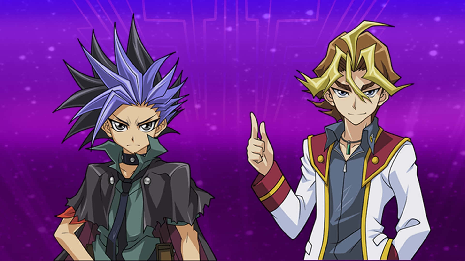 Yu-gi-oh Yuto 桌布 壁紙 — 兩位動畫決鬥者站在發光的紫色宇宙背景前，一位有藍色尖刺頭髮，另一位有金色頭髮豎起大拇指。
