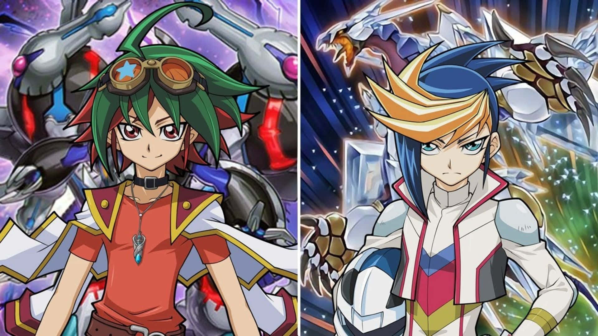 Yu-gi-oh Yugo 桌布 壁紙 — 兩位動畫決鬥者自信地站立，身後有機械怪物，背景是宇宙。