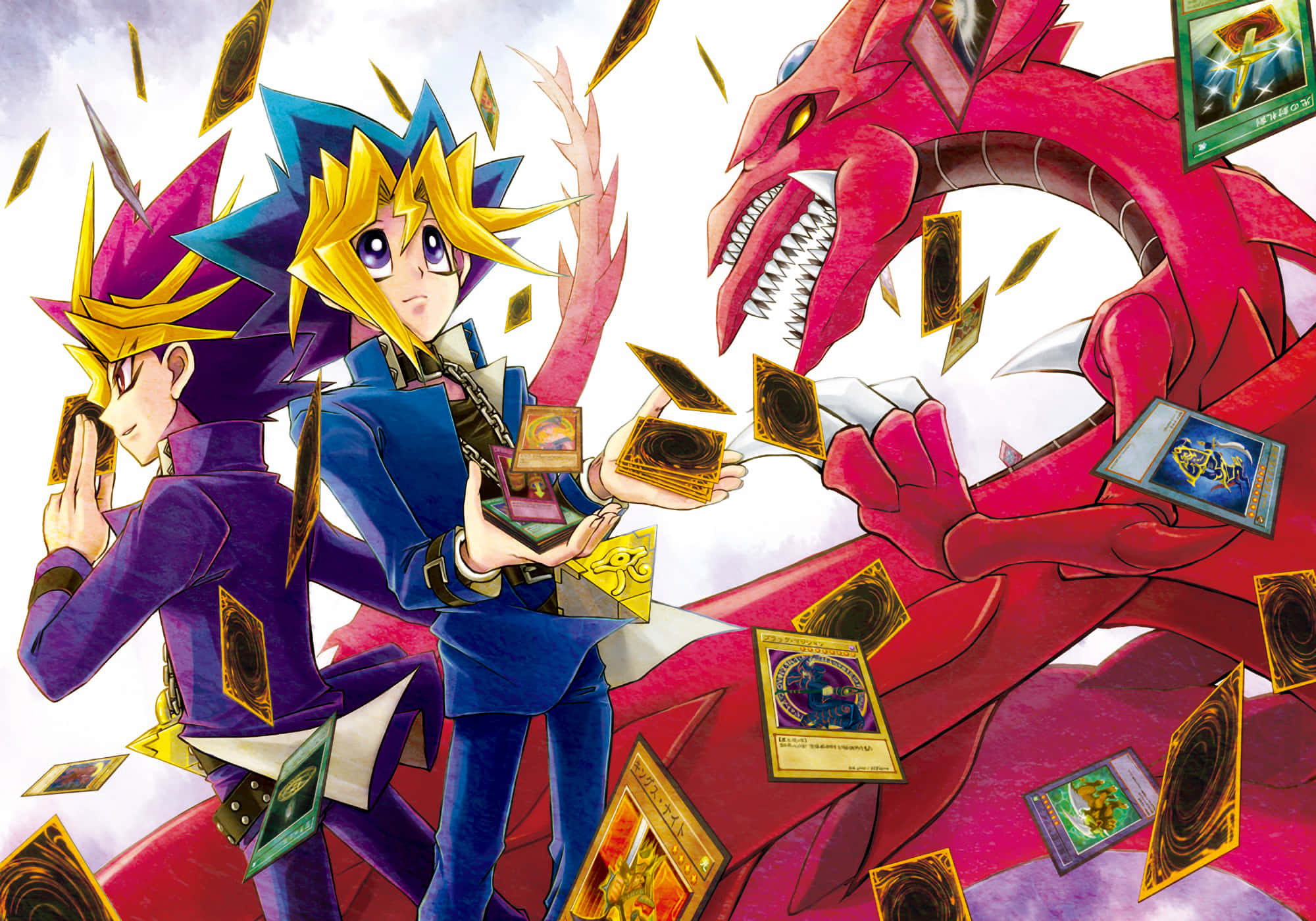 Yugi Muto 桌布 壁紙 — 兩位動畫決鬥者與一條紅龍戰鬥，交易卡在他們周圍爆炸，形成一個動態的奇幻場景。